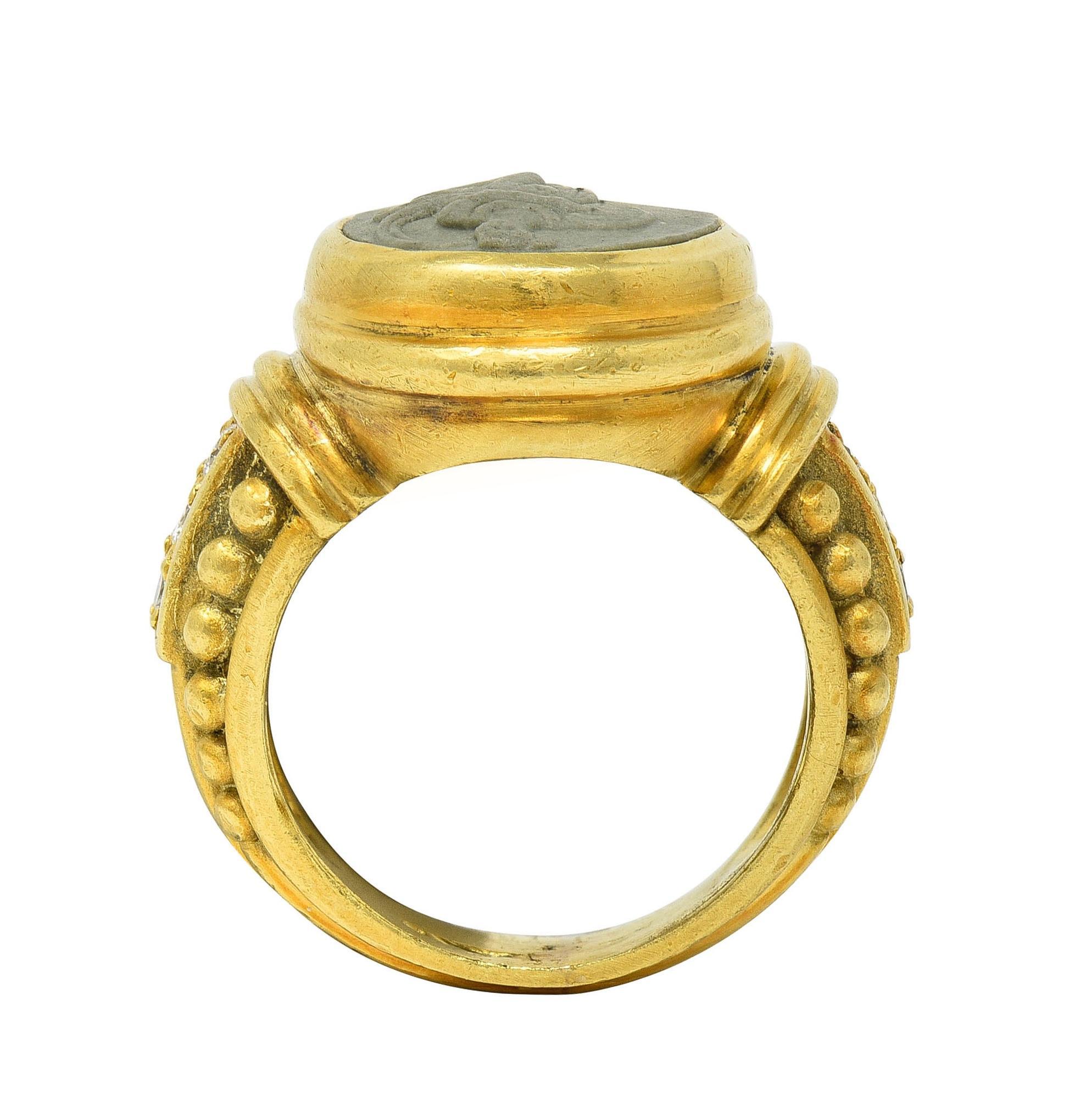 Judith Ripka 1990's Lava Rock Cameo Diamond 18 Karat Gold Vintage Signet Ring 6