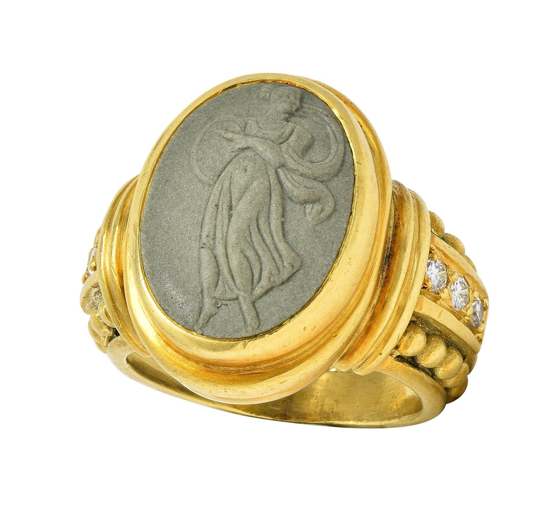 Judith Ripka 1990's Lava Rock Cameo Diamond 18 Karat Gold Vintage Signet Ring 7