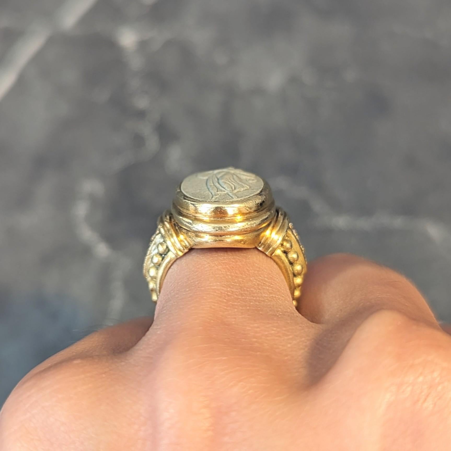 Judith Ripka 1990's Lava Rock Cameo Diamond 18 Karat Gold Vintage Signet Ring 9