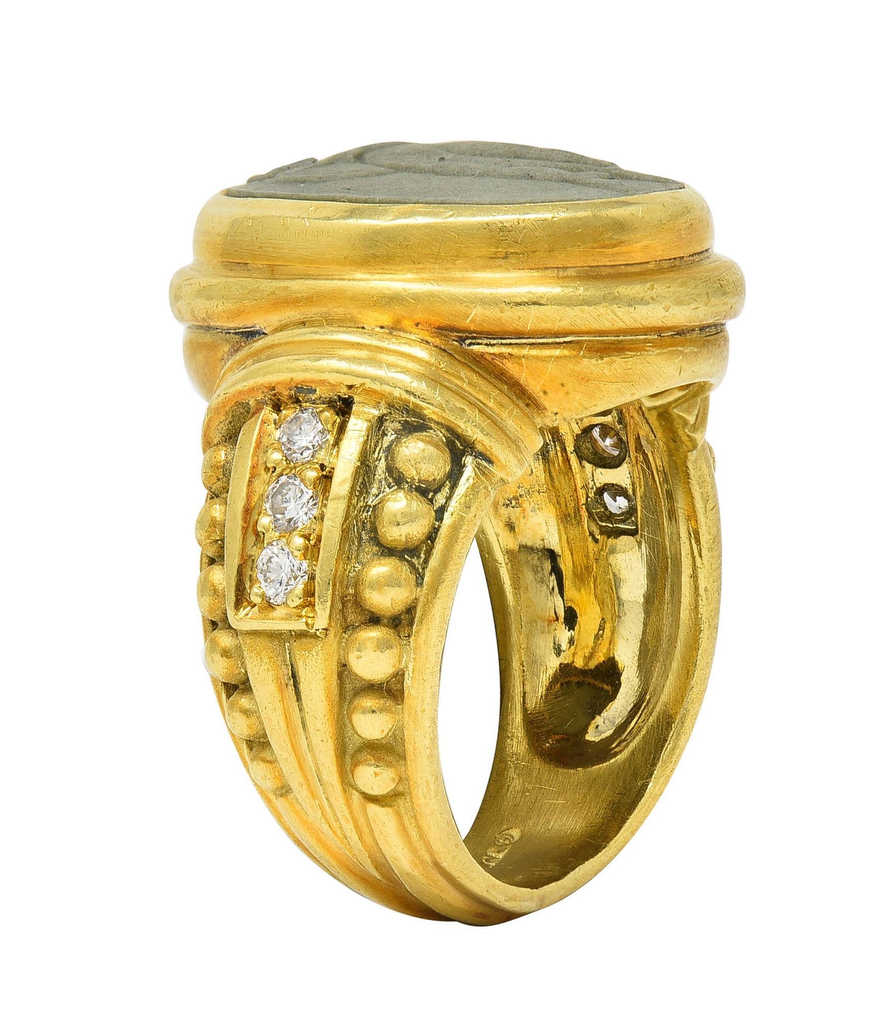 Brilliant Cut Judith Ripka 1990's Lava Rock Cameo Diamond 18 Karat Gold Vintage Signet Ring