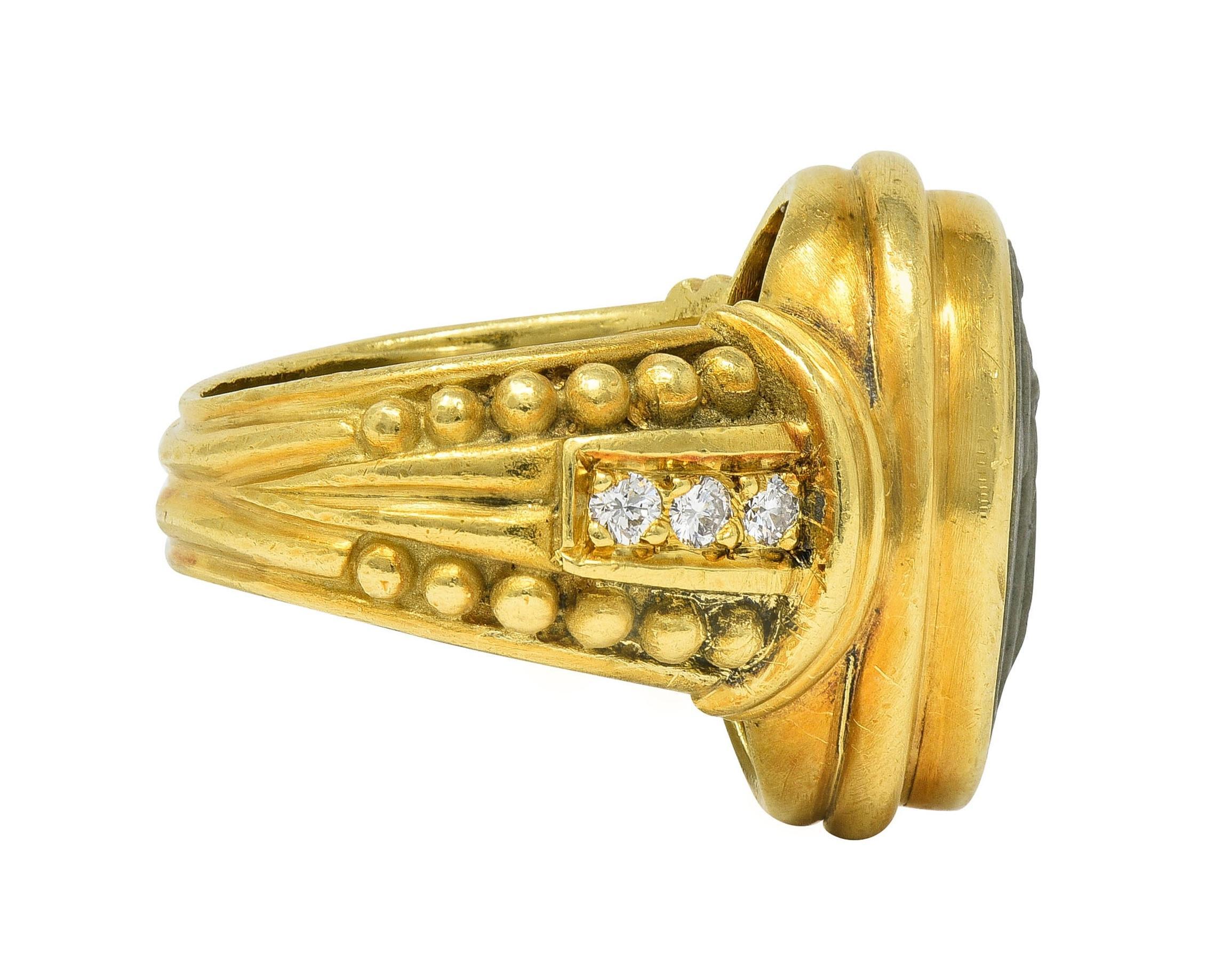 Judith Ripka 1990's Lava Rock Cameo Diamond 18 Karat Gold Vintage Signet Ring In Excellent Condition In Philadelphia, PA