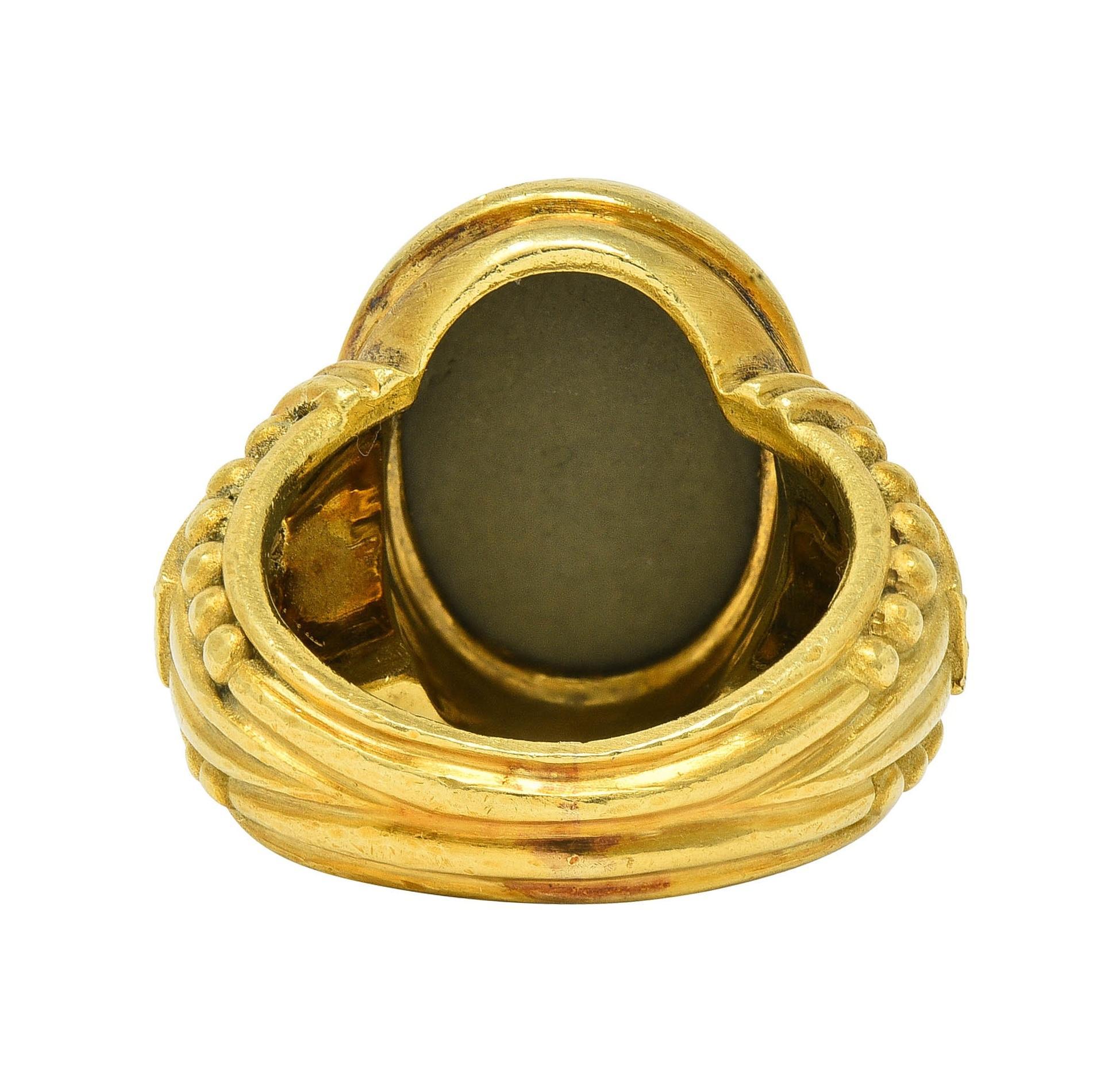 Women's or Men's Judith Ripka 1990's Lava Rock Cameo Diamond 18 Karat Gold Vintage Signet Ring