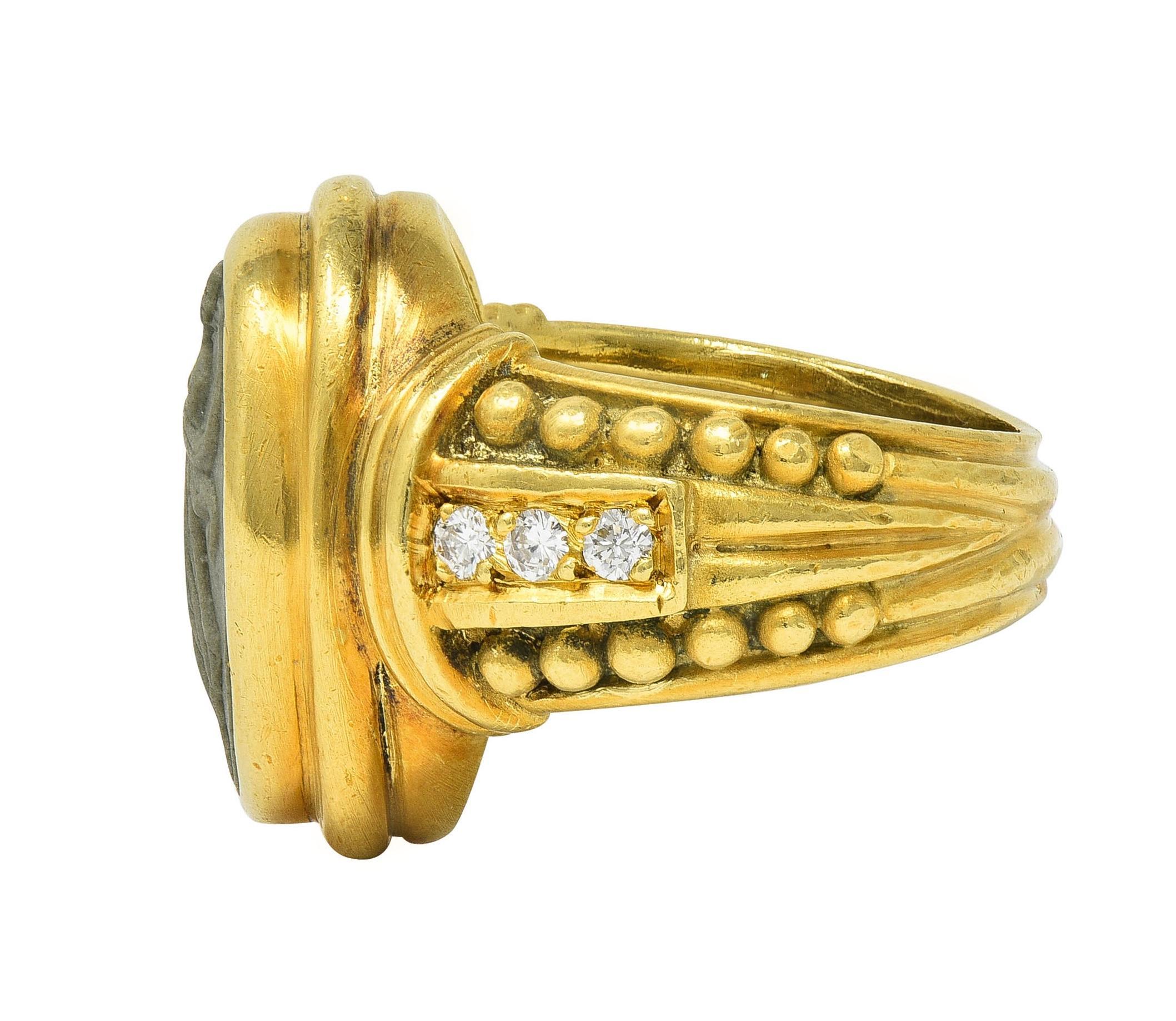 Judith Ripka 1990's Lava Rock Cameo Diamond 18 Karat Gold Vintage Signet Ring 1