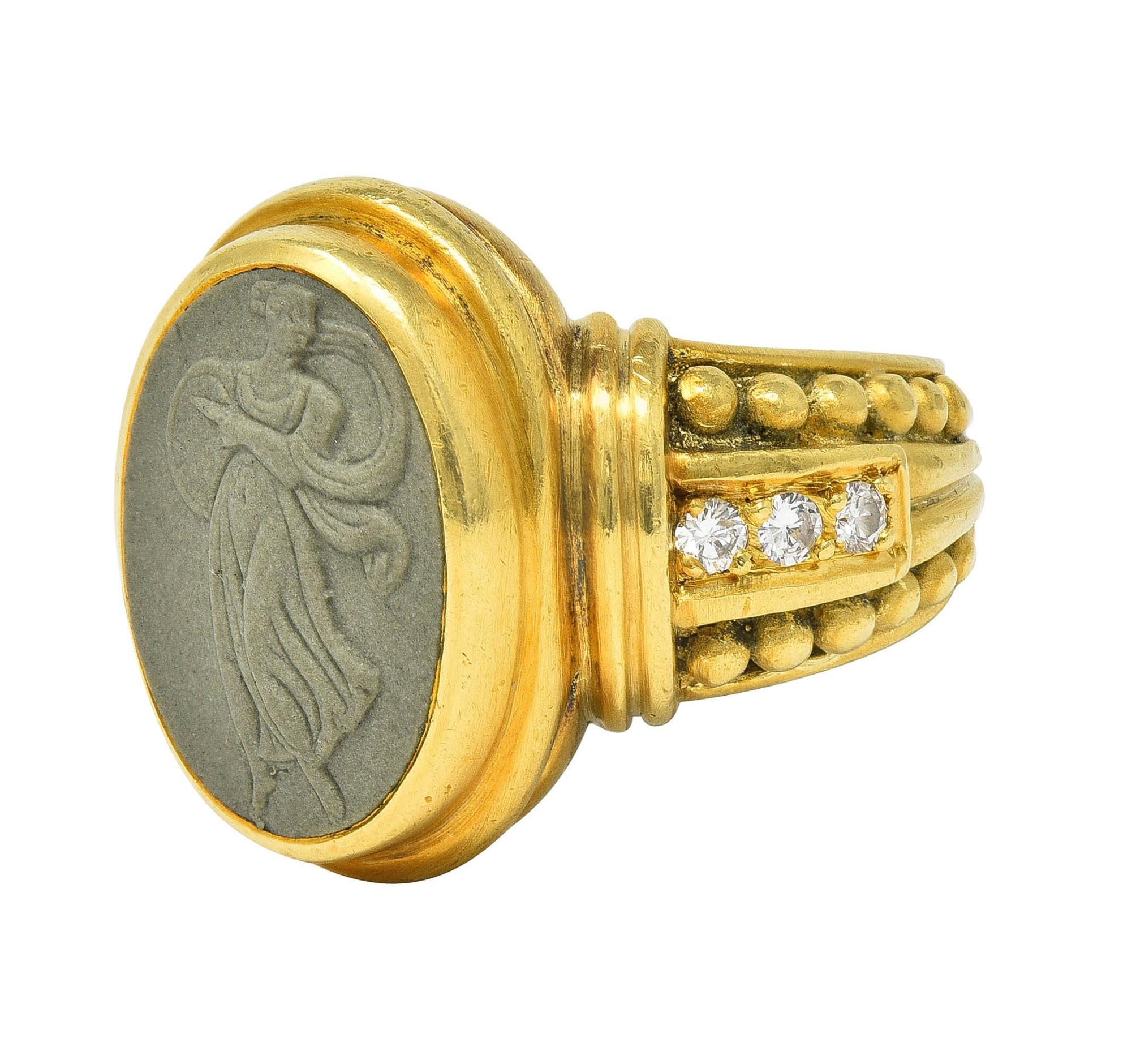 Judith Ripka 1990's Lava Rock Cameo Diamond 18 Karat Gold Vintage Signet Ring 2