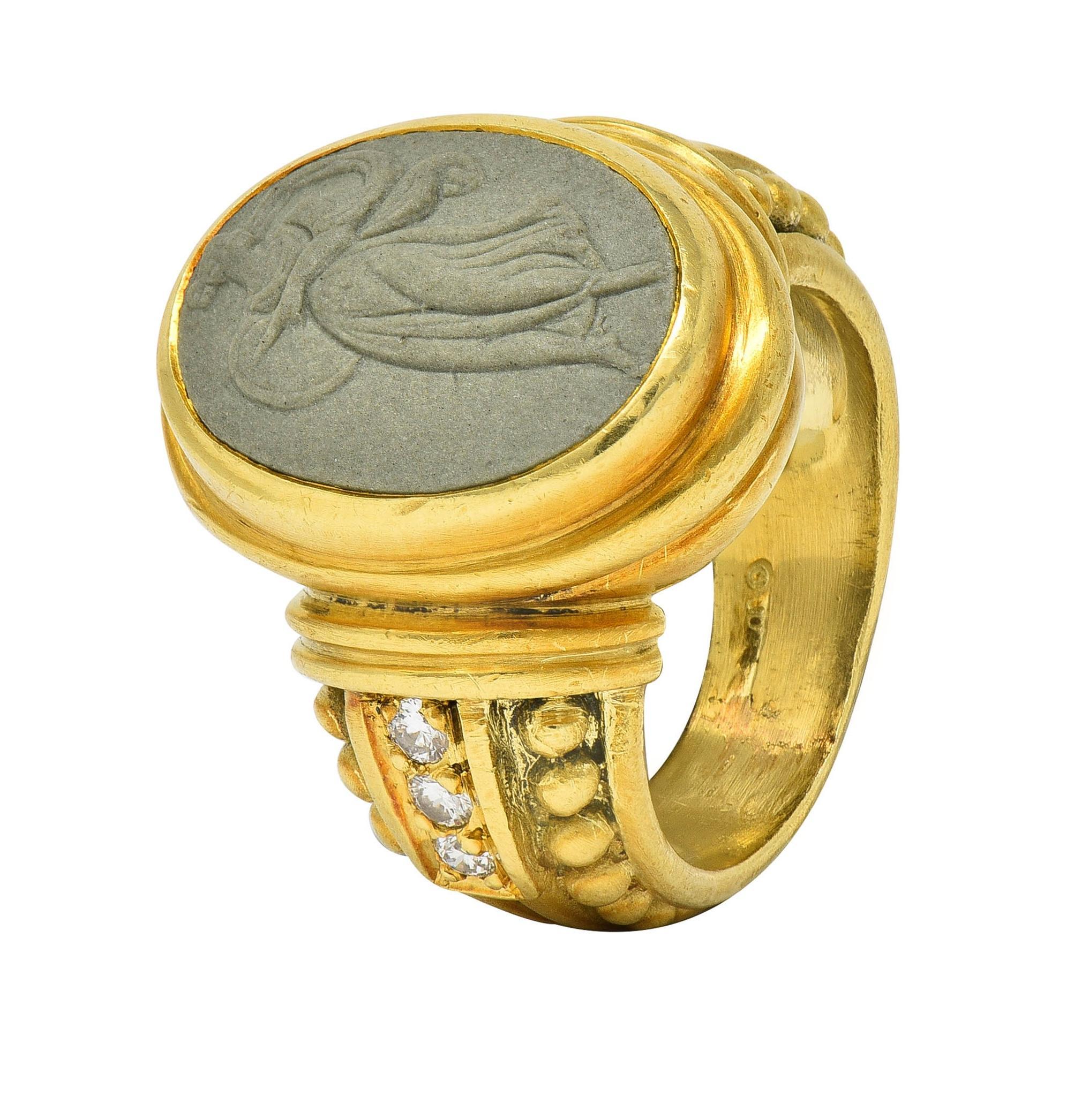 Judith Ripka 1990's Lava Rock Cameo Diamond 18 Karat Gold Vintage Signet Ring 4