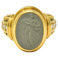 Judith Ripka 1990's Lava Rock Cameo Diamond 18 Karat Gold Vintage Signet Ring