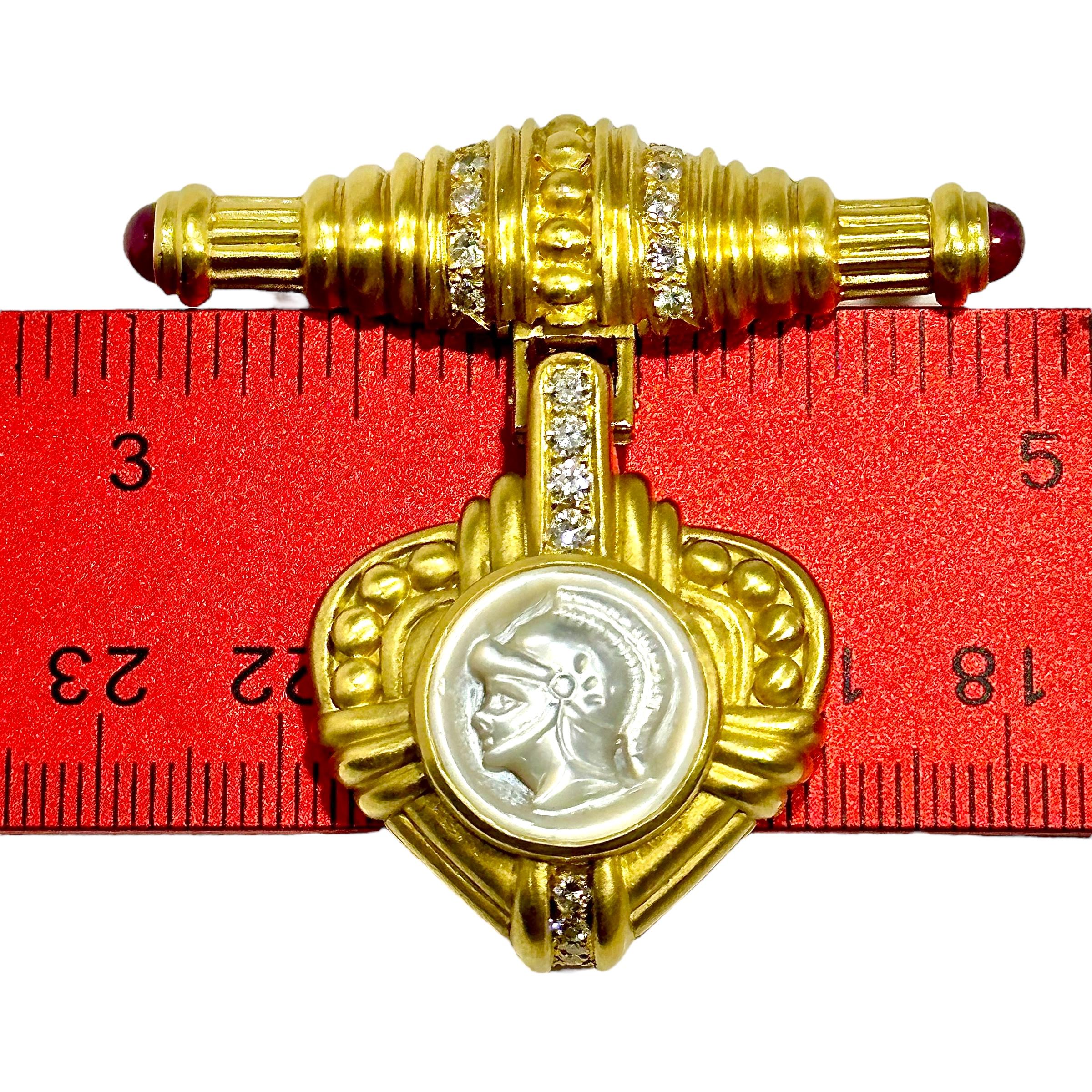 Judith Ripka 2 Piece Gold Brooch/Pendant With Diamonds, Rubies & Mother of Pearl 5