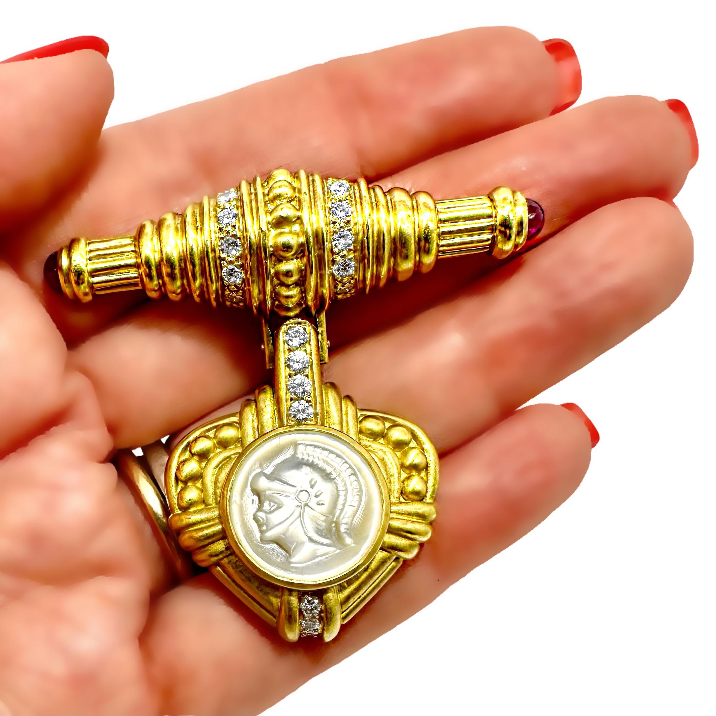 Judith Ripka 2 Piece Gold Brooch/Pendant With Diamonds, Rubies & Mother of Pearl 8
