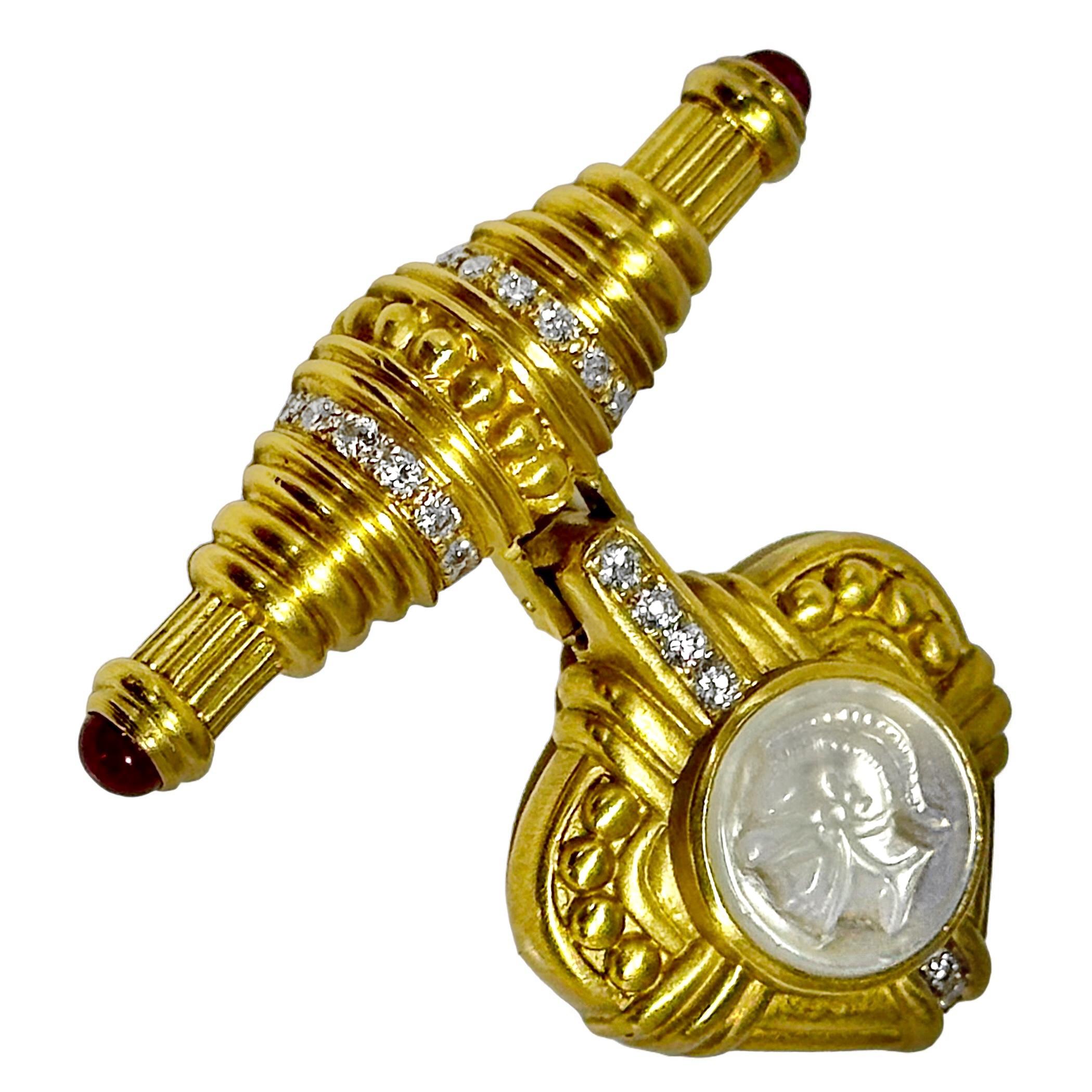 Neoclassical Judith Ripka 2 Piece Gold Brooch/Pendant With Diamonds, Rubies & Mother of Pearl