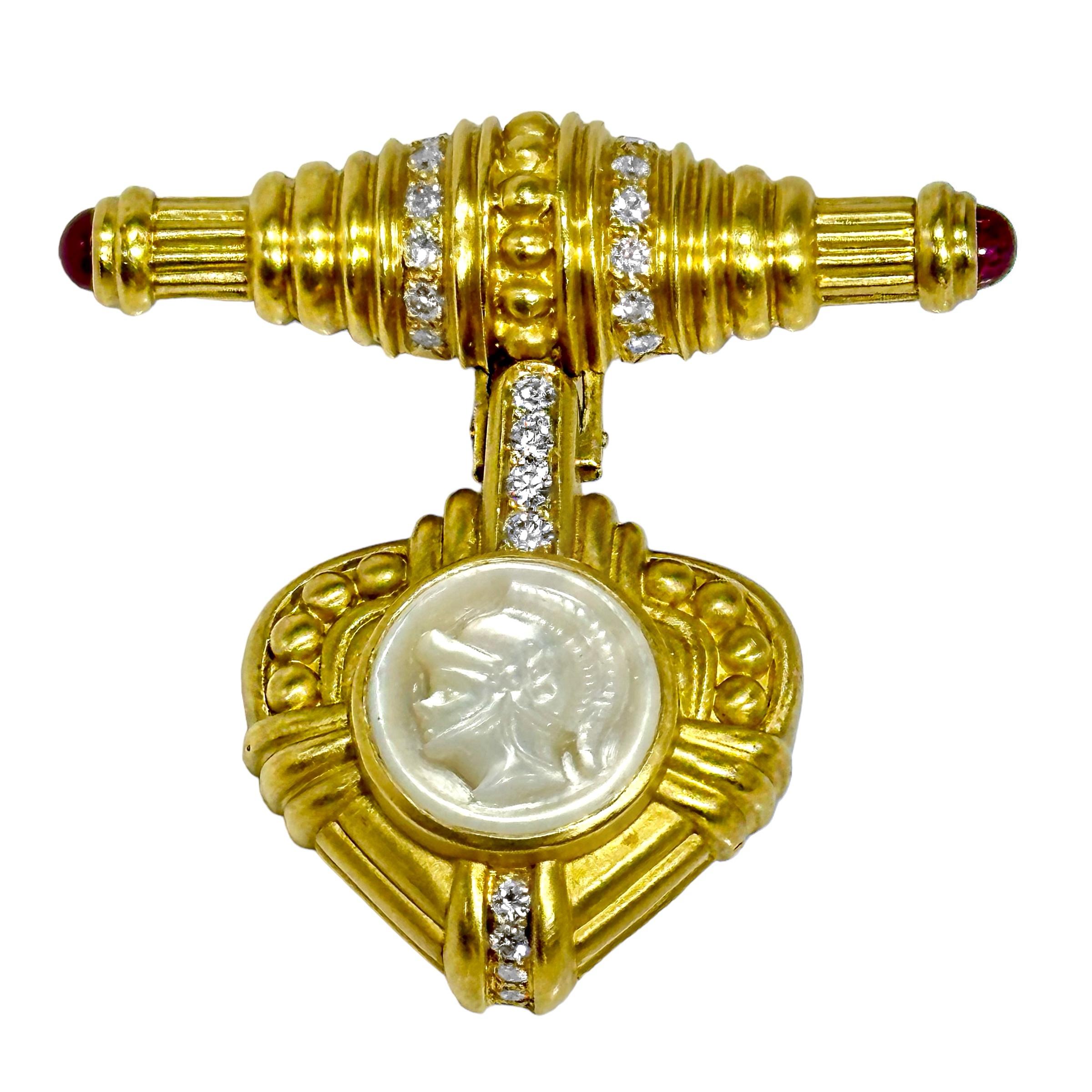 Round Cut Judith Ripka 2 Piece Gold Brooch/Pendant With Diamonds, Rubies & Mother of Pearl