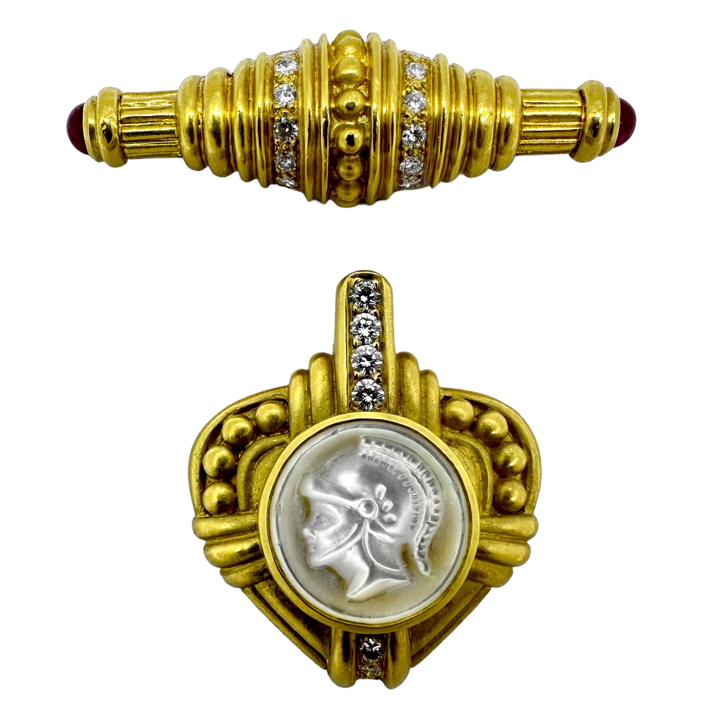 Women's or Men's Judith Ripka 2 Piece Gold Brooch/Pendant With Diamonds, Rubies & Mother of Pearl