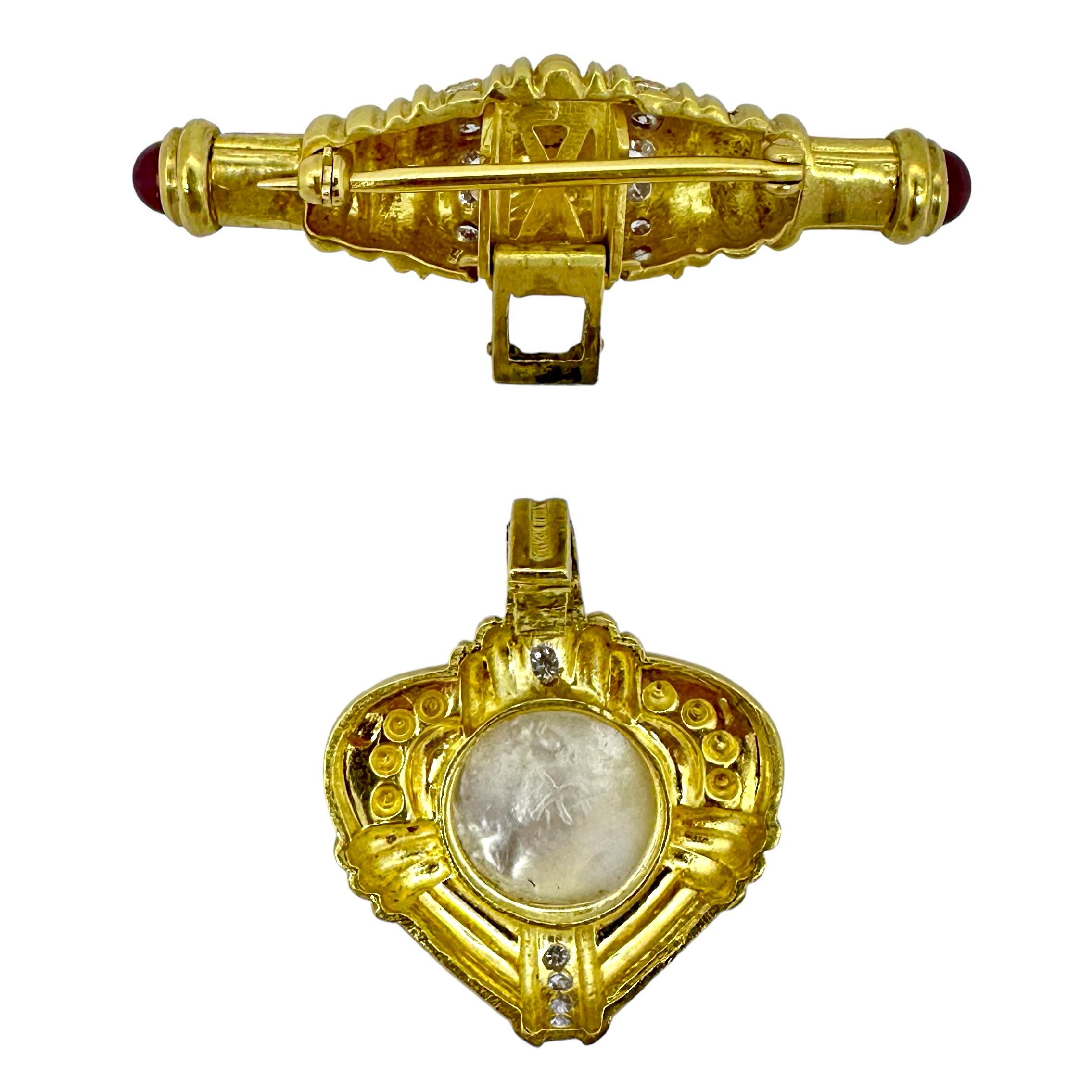 Judith Ripka 2 Piece Gold Brooch/Pendant With Diamonds, Rubies & Mother of Pearl 1