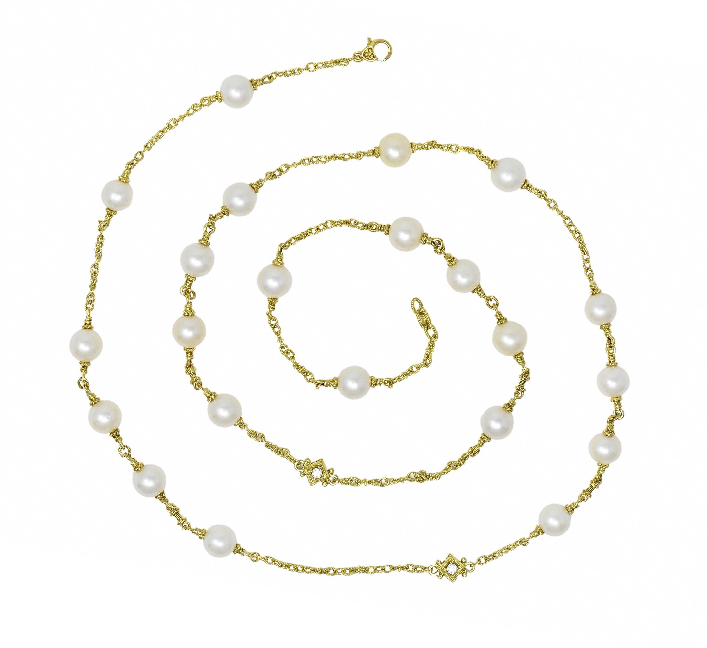 Designed as fancy twisted rope motif cable and infinity link chain with pearl stations
Featuring 9.5 mm round pearl beads nestled between twisted rope motif terminals
Cream body color with moderate iridescence and very good luster
Accented by round