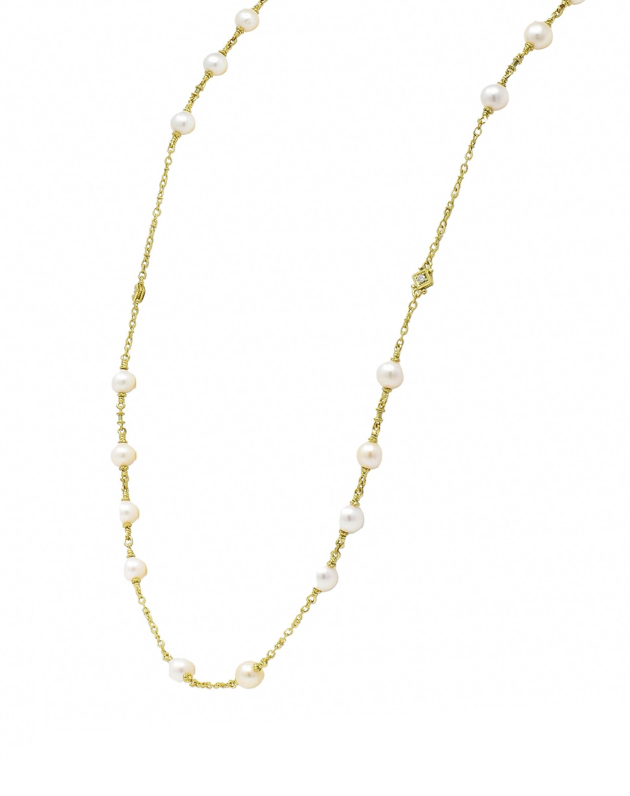 Brilliant Cut Judith Ripka 2000's Akoya Pearl Diamond 18 Karat Yellow Gold Station Necklace