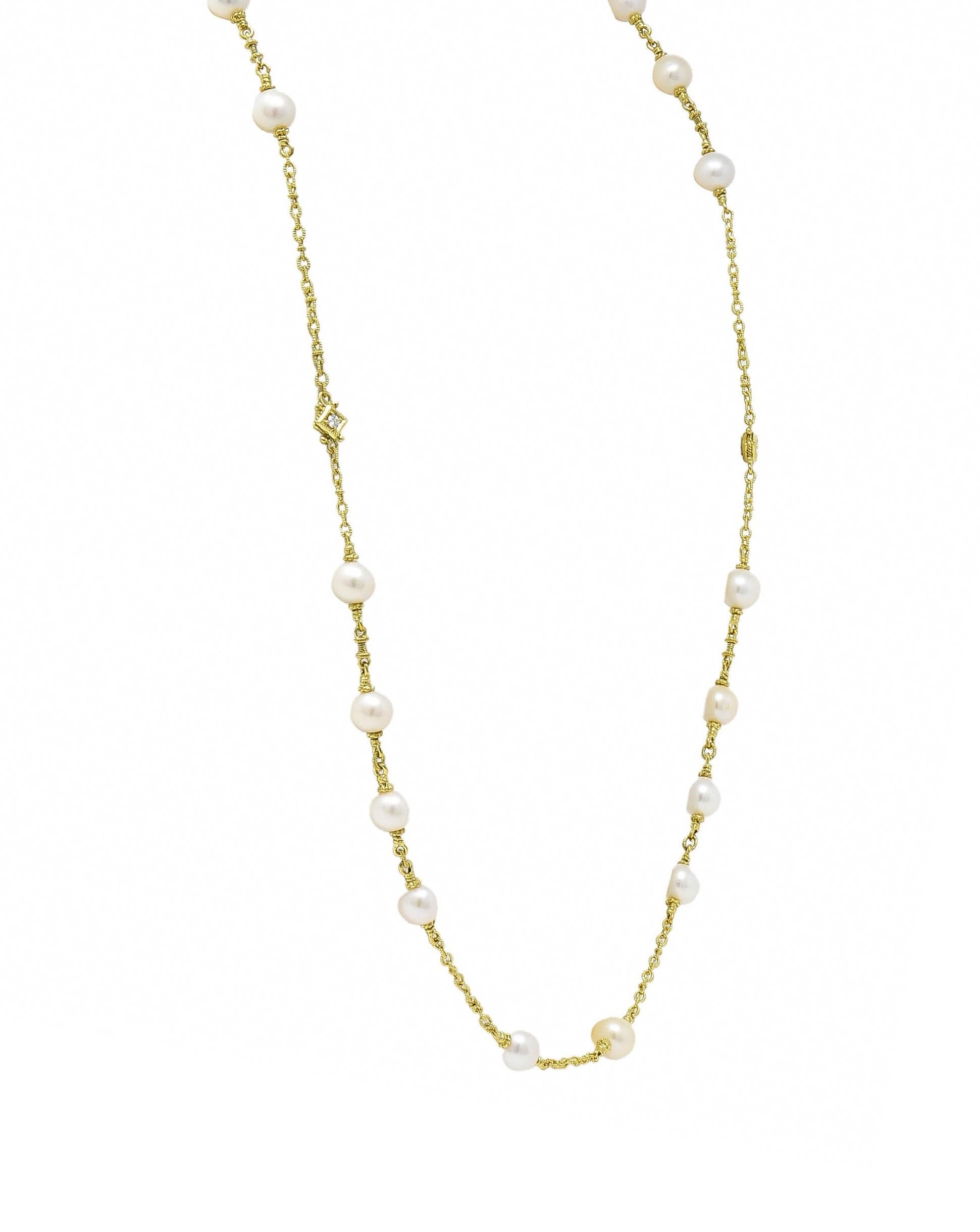 Judith Ripka 2000's Akoya Pearl Diamond 18 Karat Yellow Gold Station Necklace In Excellent Condition In Philadelphia, PA