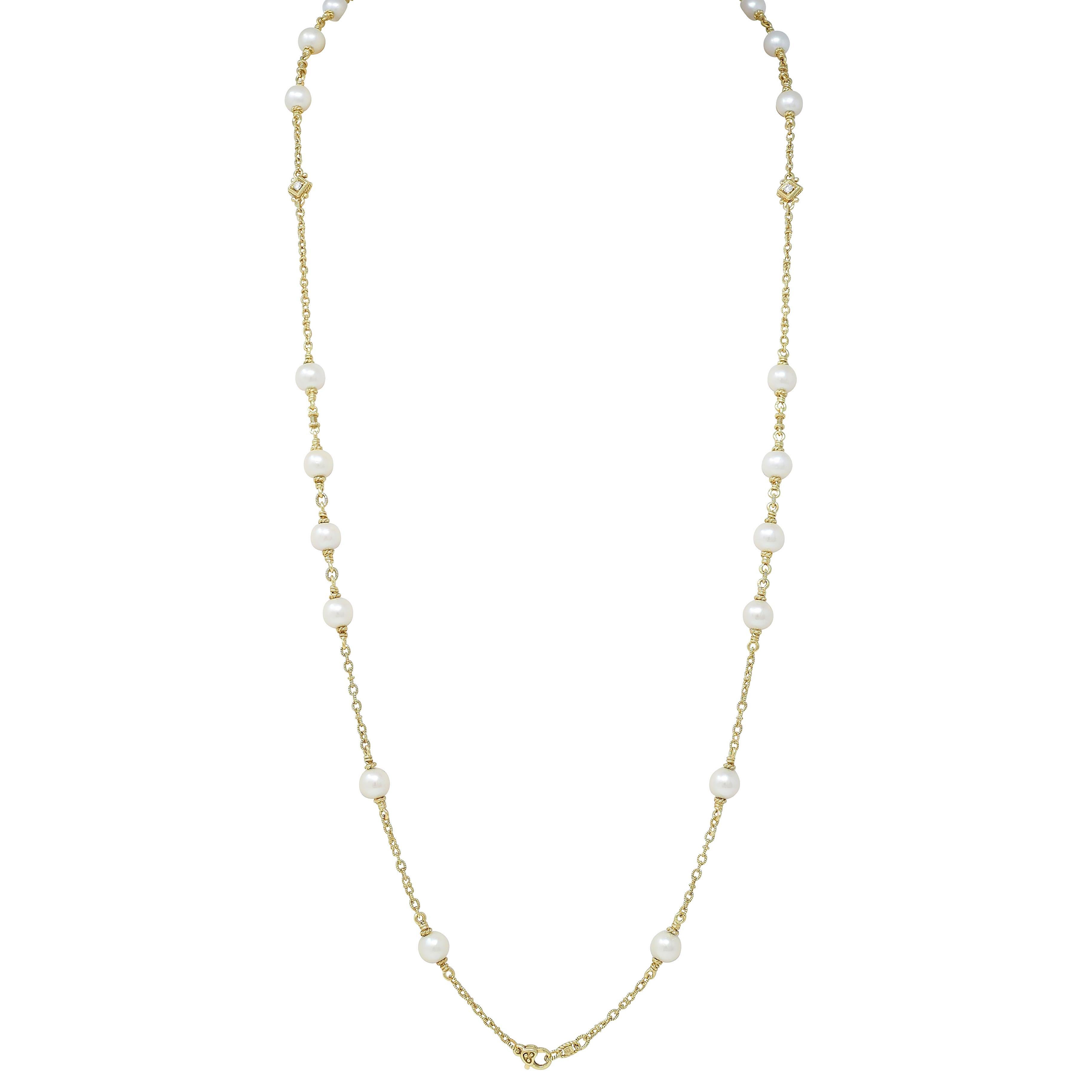 Judith Ripka, collier station en or jaune 18 carats avec perles Akoya et diamants, années 2000 Excellent état - En vente à Philadelphia, PA