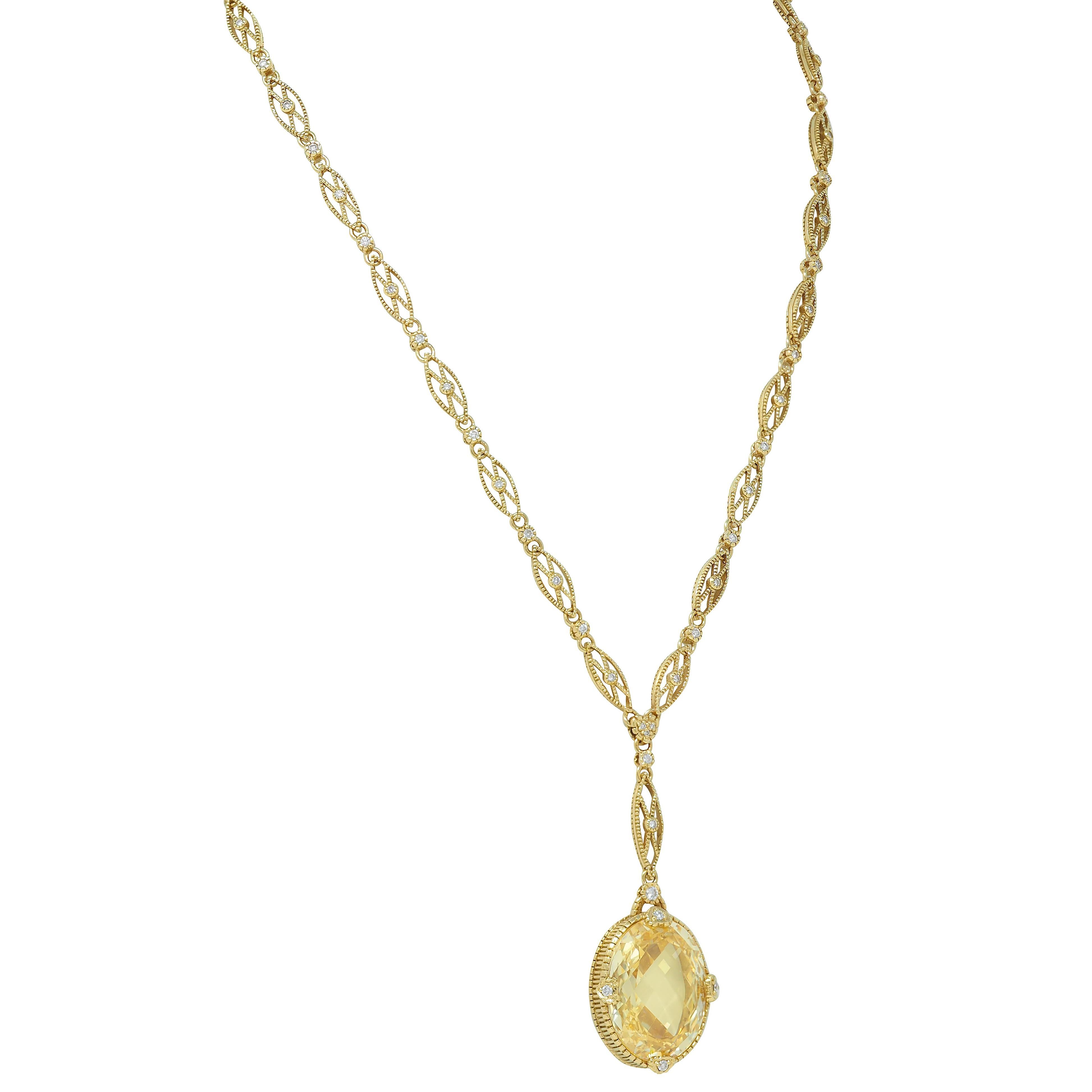 Judith Ripka 2000's Canary Quartz Diamond 18 Karat Gold Sautoir Drop Necklace For Sale 1