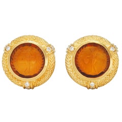 Judith Ripka 2000s Venetian Glass Diamond 18 Karat Yellow Gold Intaglio Earrings