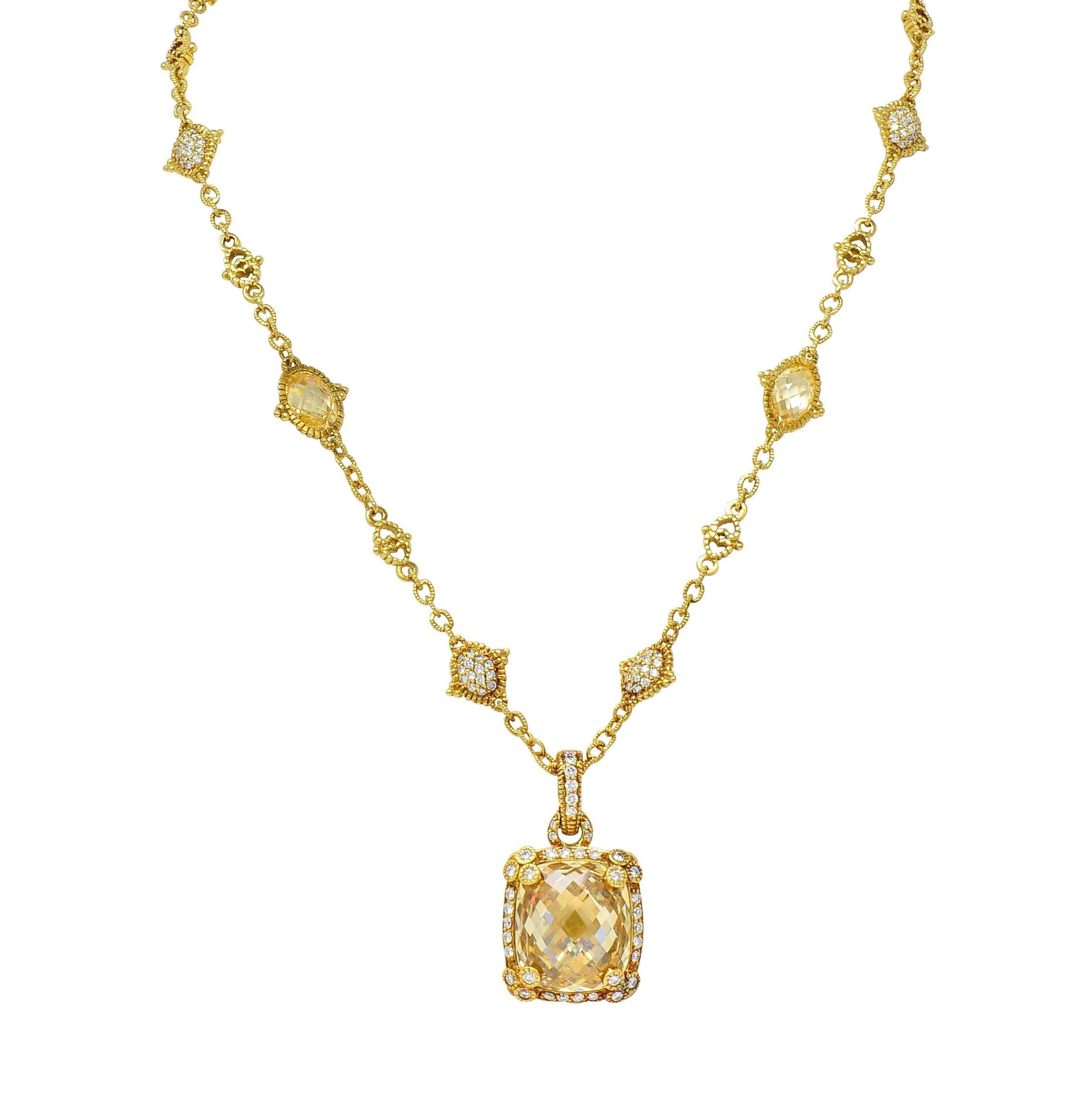 Judith Ripka 23.04 CTW Canary Quartz Diamond 18K Gold Pendant Necklace 9