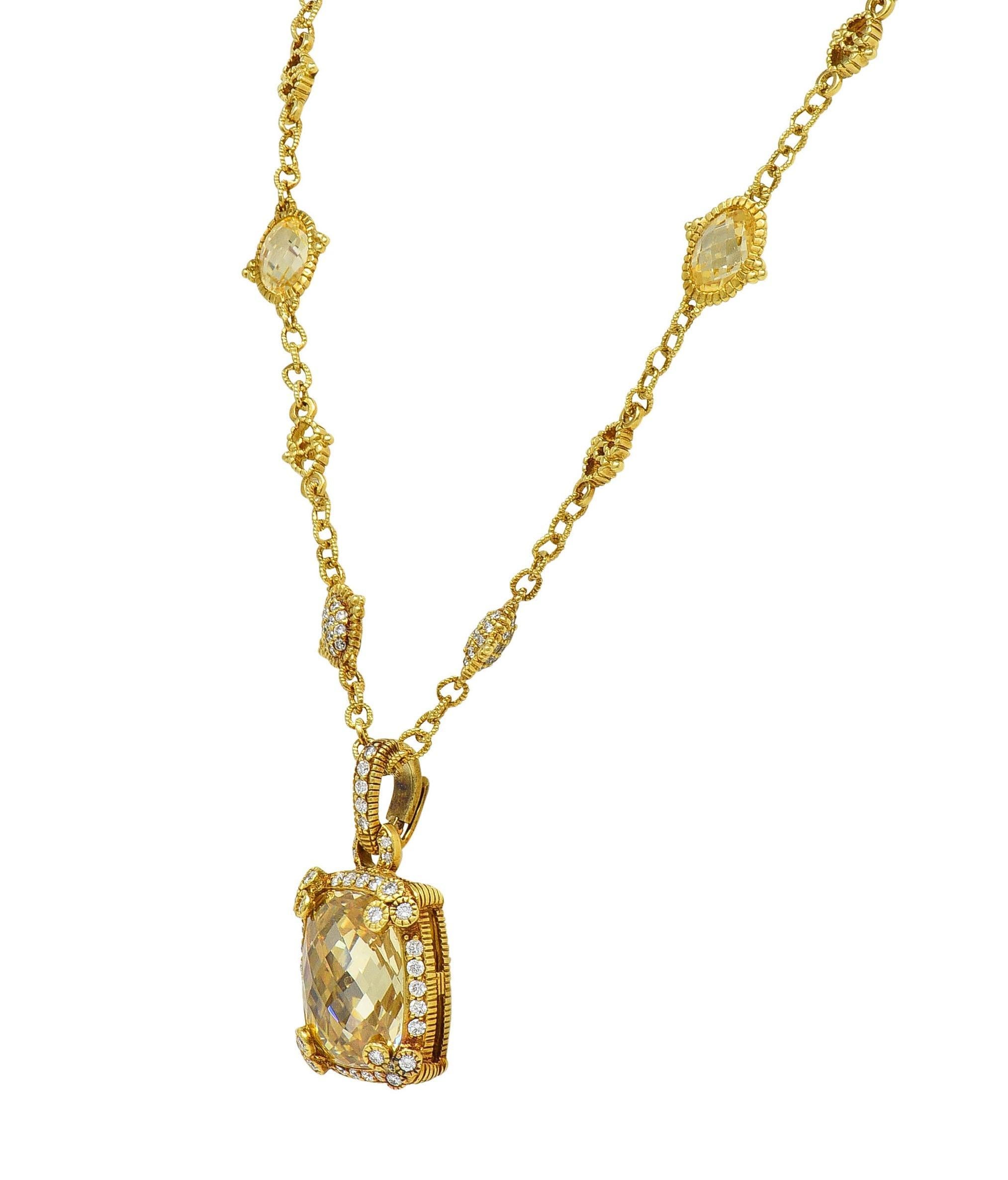 Judith Ripka 23.04 CTW Canary Quartz Diamond 18K Gold Pendant Necklace In Excellent Condition In Philadelphia, PA