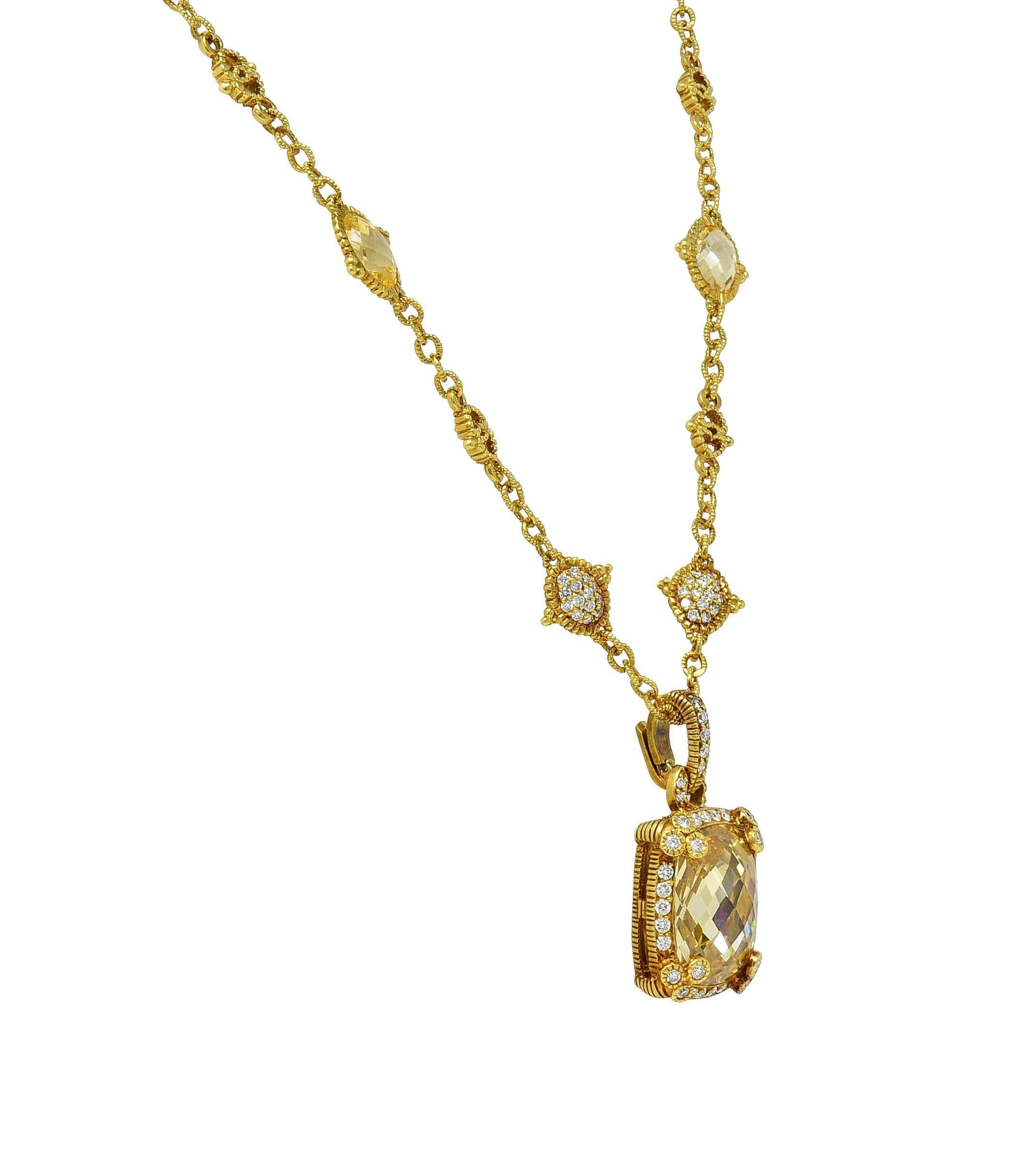 Judith Ripka 23.04 CTW Canary Quartz Diamond 18K Gold Pendant Necklace 1