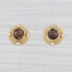 Judith Ripka 4.48ctw Smoky Quartz Diamond Earrings 18k Yellow Gold Button Studs