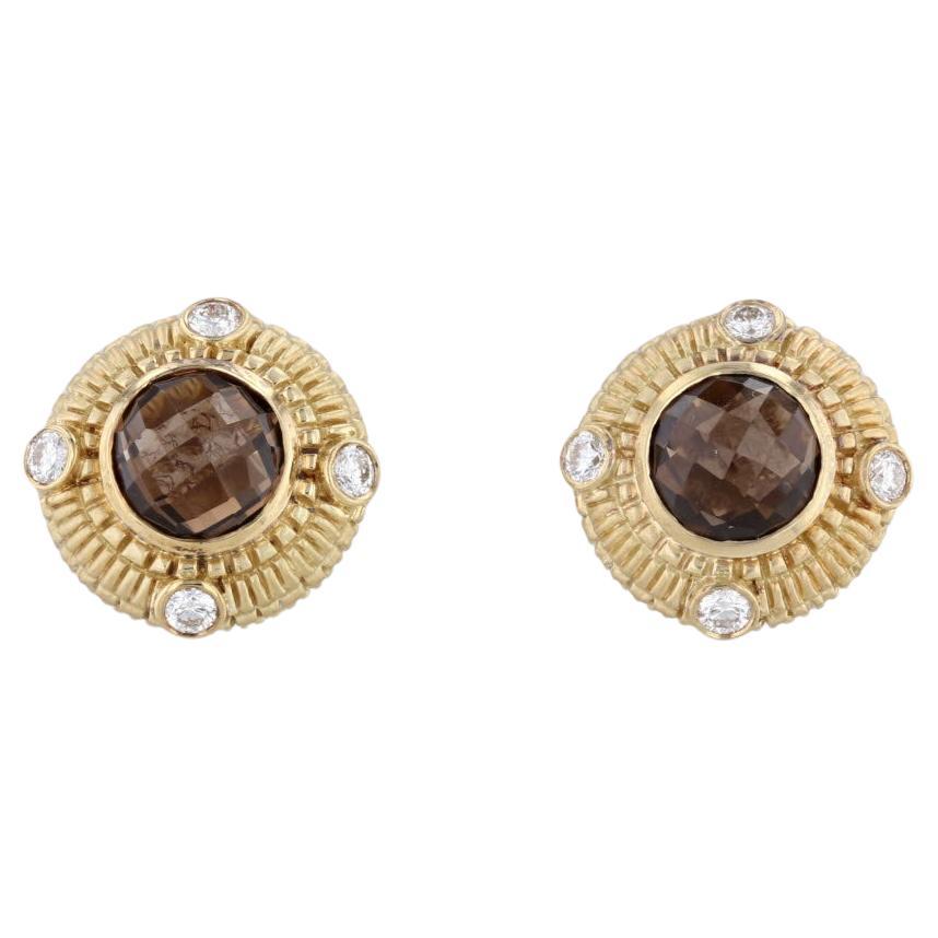Judith Ripka 4.48ctw Smoky Quartz Diamond Earrings 18k Yellow Gold Button Studs For Sale