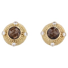 Judith Ripka 4.48ctw Smoky Quartz Diamond Earrings 18k Yellow Gold Button Studs