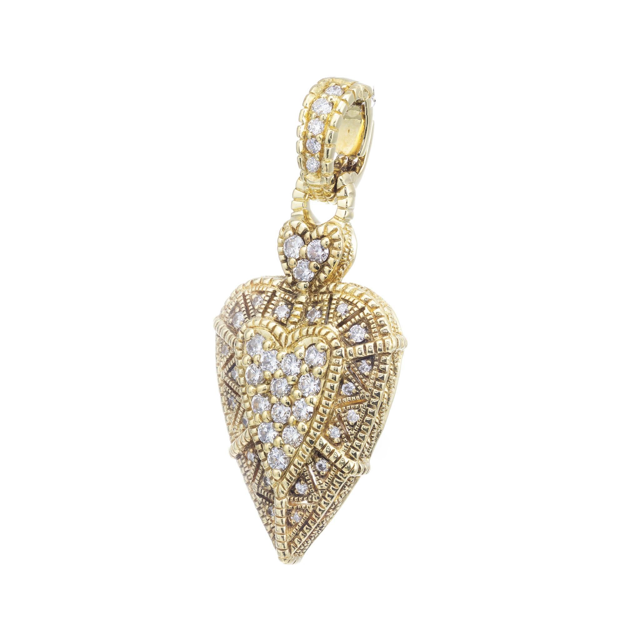 Judith Ripka heart shaped pendant enhancer set with 42 bright full cut Diamonds in 18k yellow gold. Bail opens to go over a chain or pearls. chain not included. 

42 round full cut Diamonds, approx. total weight .50cts, H, VS – SI 
18k yellow