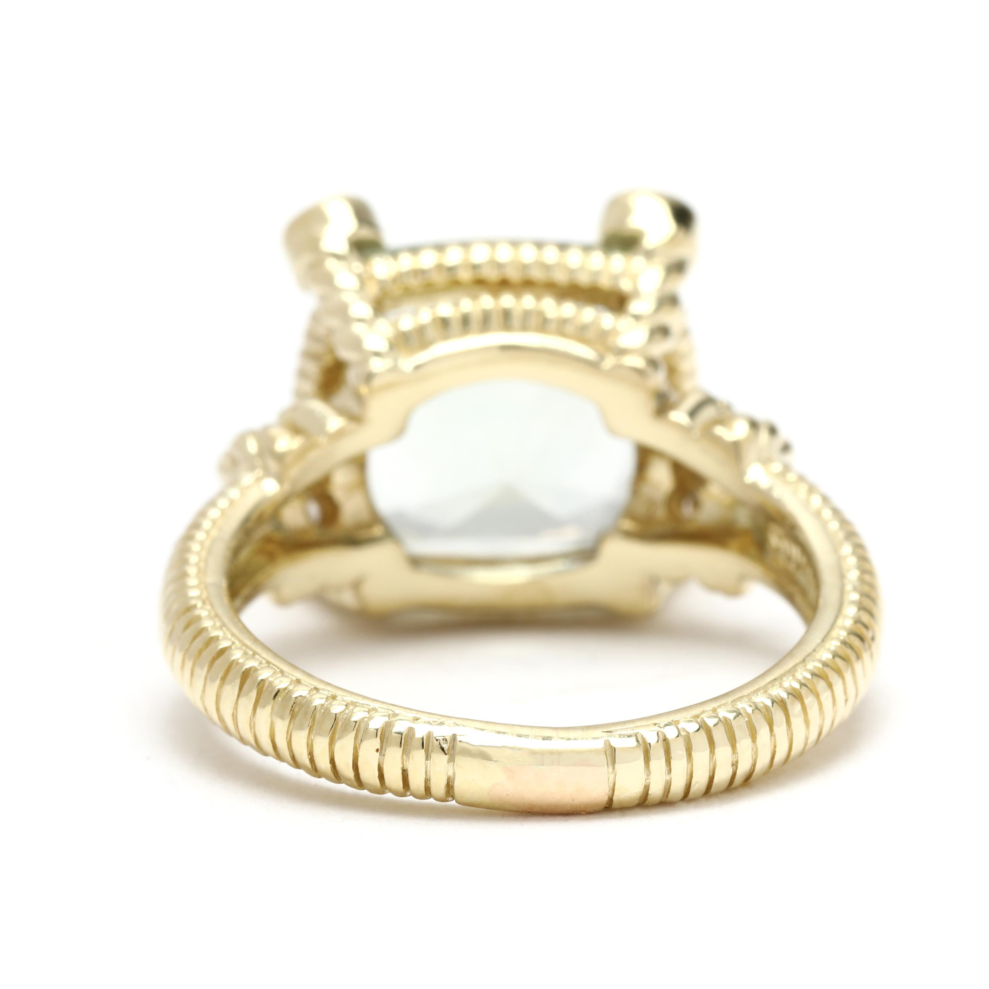 Taille coussin Judith Ripka, bague en or jaune 18 carats, Prasiolite 5,2 carats et diamants, taille 4,75 en vente