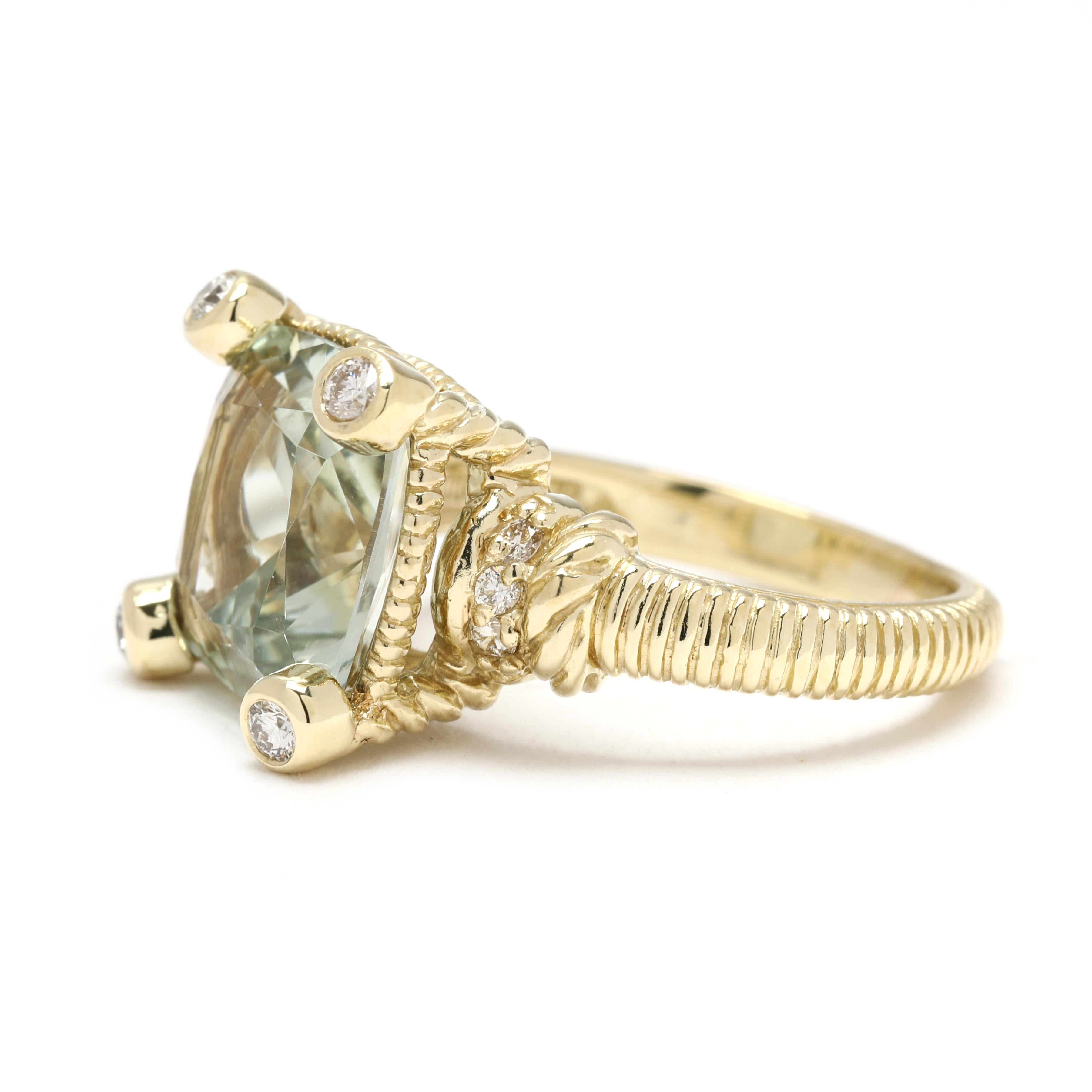 Judith Ripka, bague en or jaune 18 carats, Prasiolite 5,2 carats et diamants, taille 4,75 Bon état - En vente à McLeansville, NC