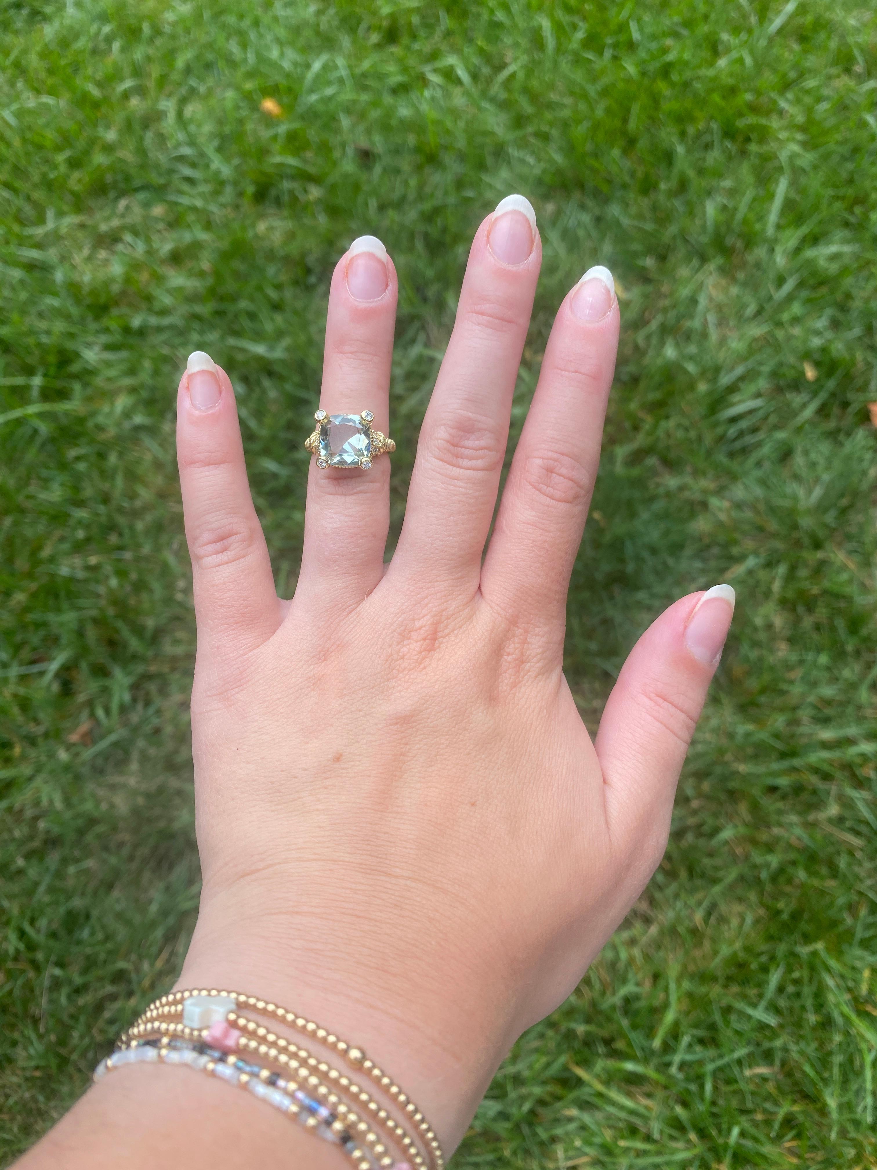 Judith Ripka, bague en or jaune 18 carats, Prasiolite 5,2 carats et diamants, taille 4,75 en vente 2
