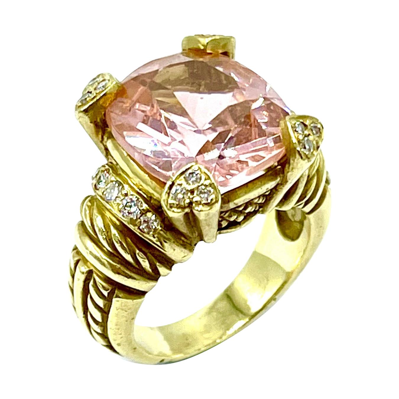 Judith Ripka 6.89 Carat Pink Quartz and Diamond Yellow Gold Cocktail Ring For Sale