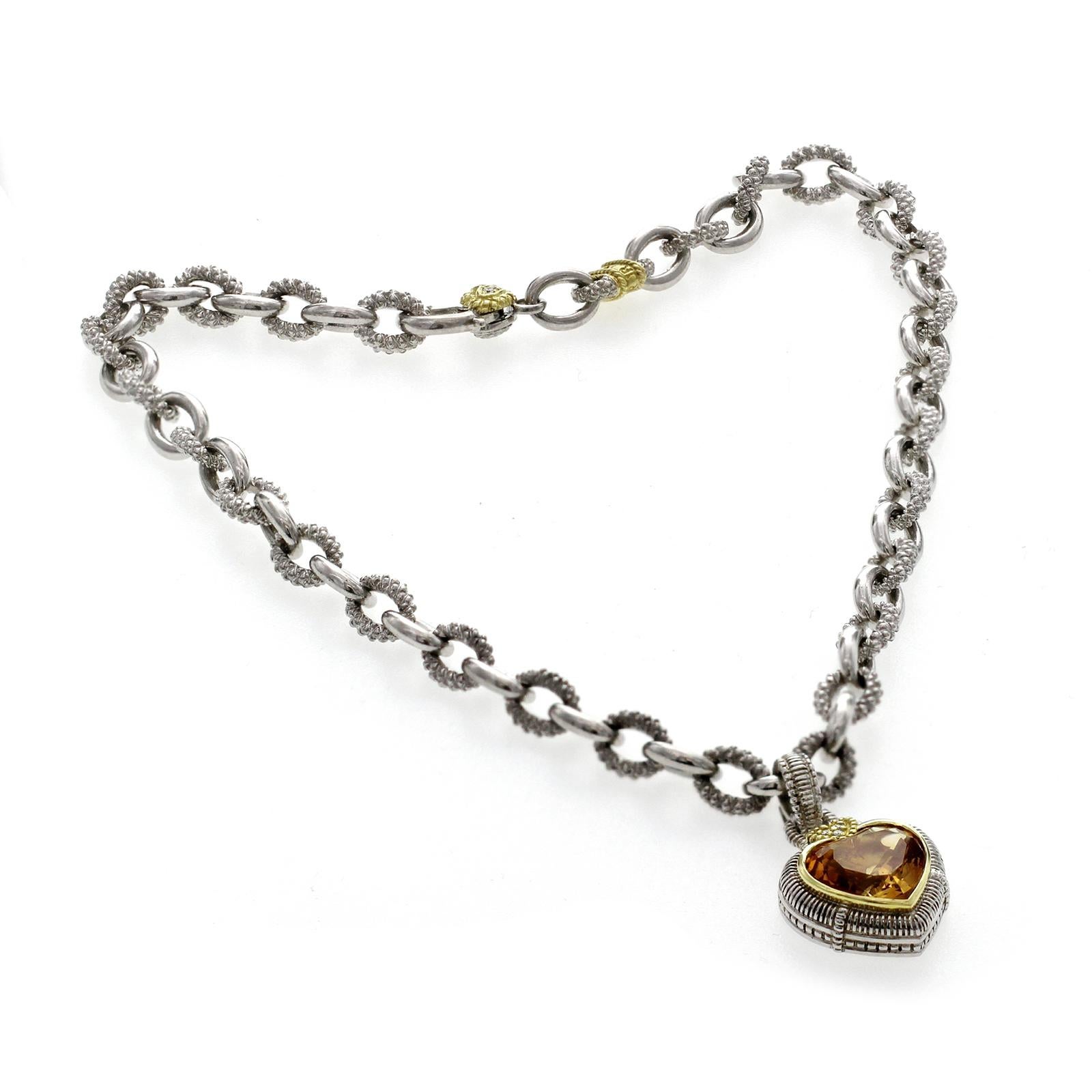 Round Cut Judith Ripka 925 Silver 18 Karat Gold Diamond Citrine Heart Pendant Necklace