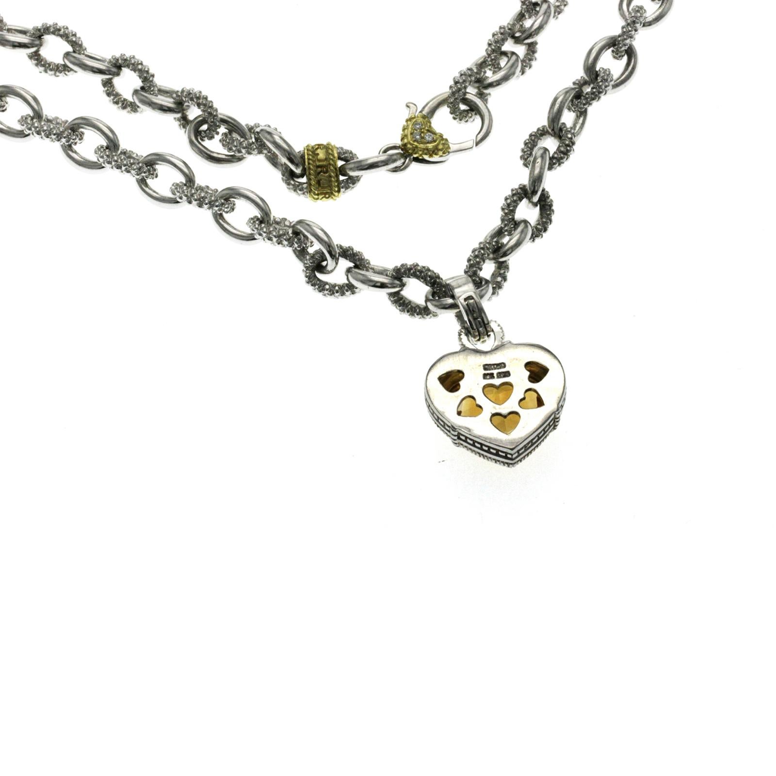 Judith Ripka 925 Silver 18 Karat Gold Diamond Citrine Heart Pendant Necklace In Excellent Condition In Los Angeles, CA