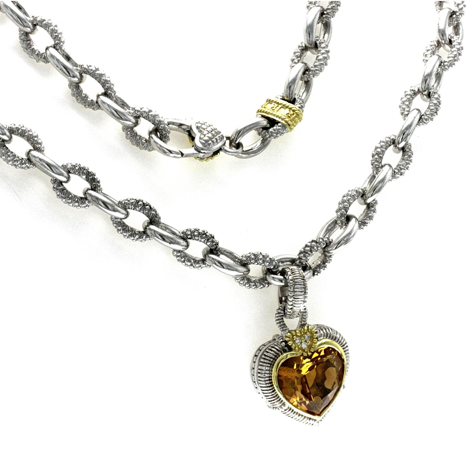 Women's or Men's Judith Ripka 925 Silver 18 Karat Gold Diamond Citrine Heart Pendant Necklace
