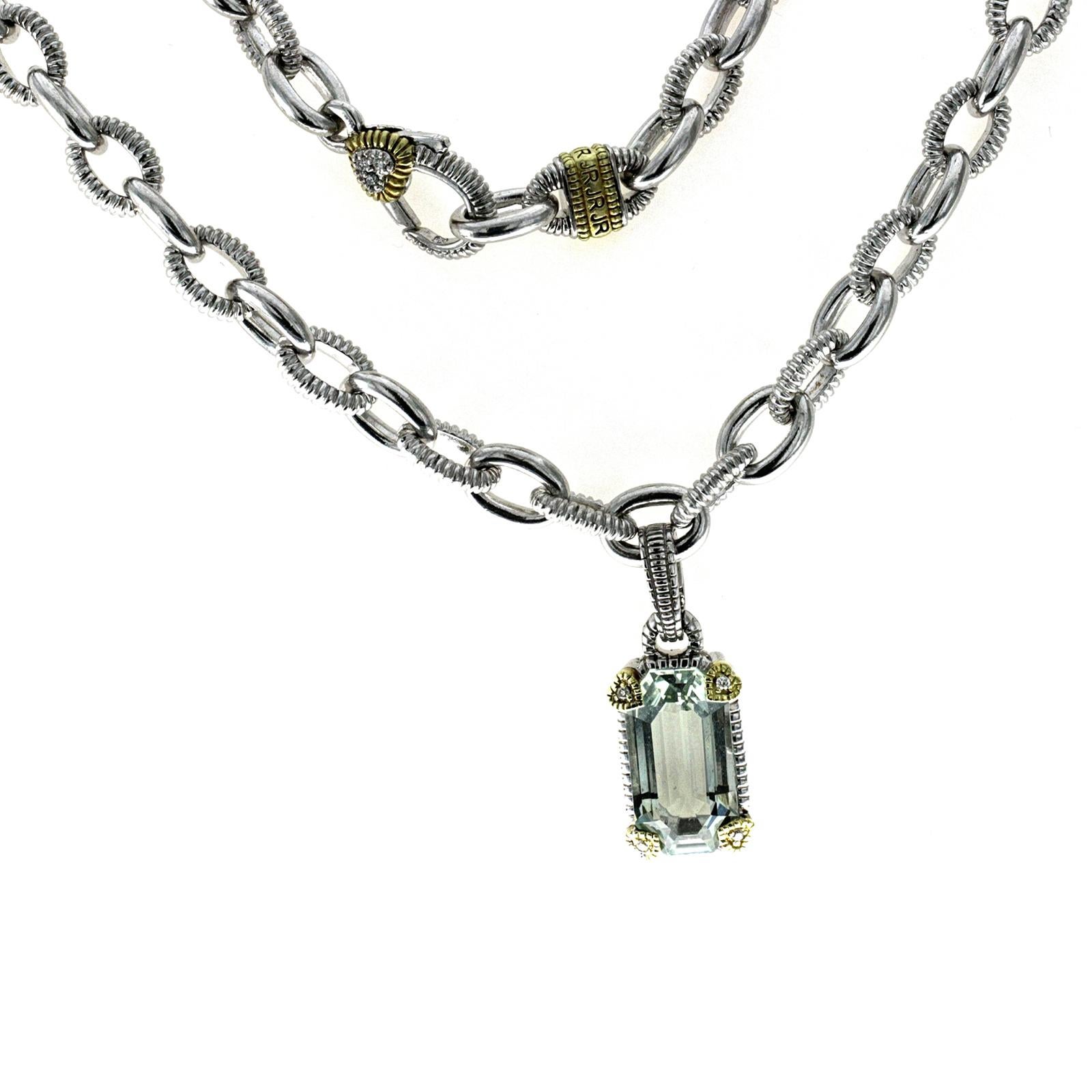Round Cut Judith Ripka 925 Silver 18 Karat Gold Diamond Green Crystal Pendant Necklace