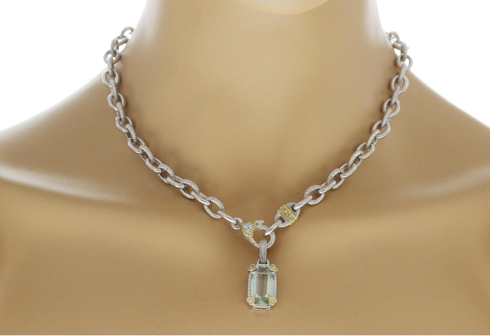 Judith Ripka 925 Silver 18 Karat Gold Diamond Green Crystal Pendant Necklace In Excellent Condition In Los Angeles, CA