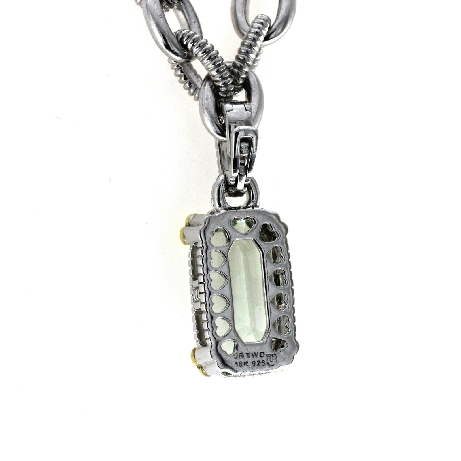 Women's or Men's Judith Ripka 925 Silver 18 Karat Gold Diamond Green Crystal Pendant Necklace