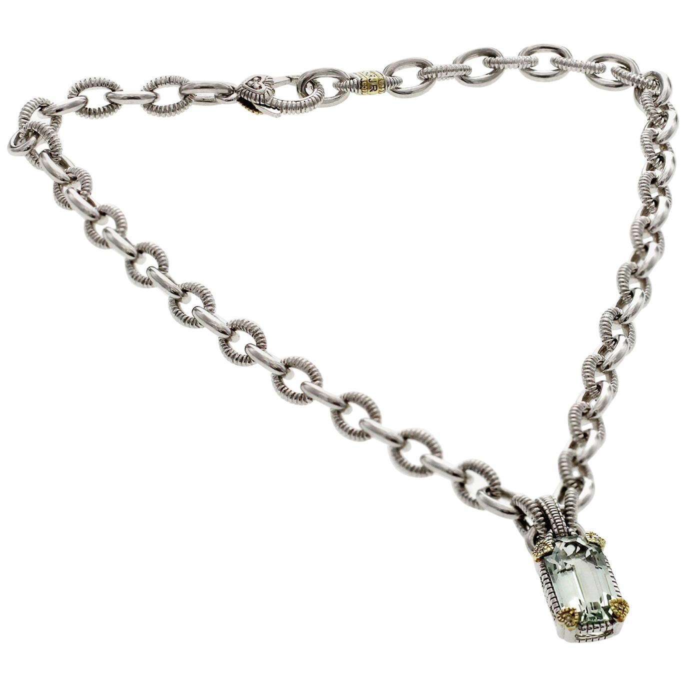 Judith Ripka 925 Silver 18 Karat Gold Diamond Green Crystal Pendant Necklace