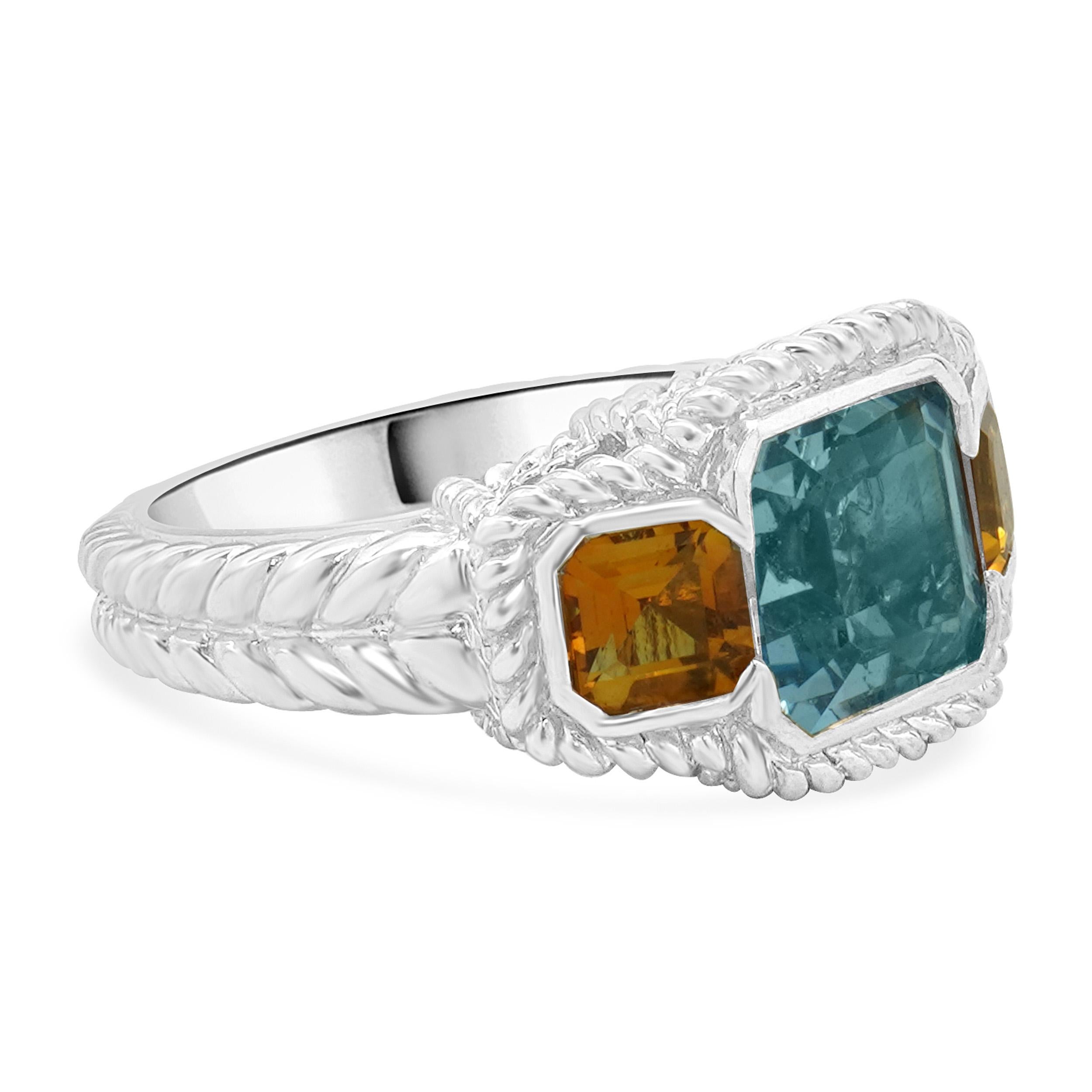 Taglio cuscino Anello Judith Ripka in argento 925 con topazio blu e citrino in vendita