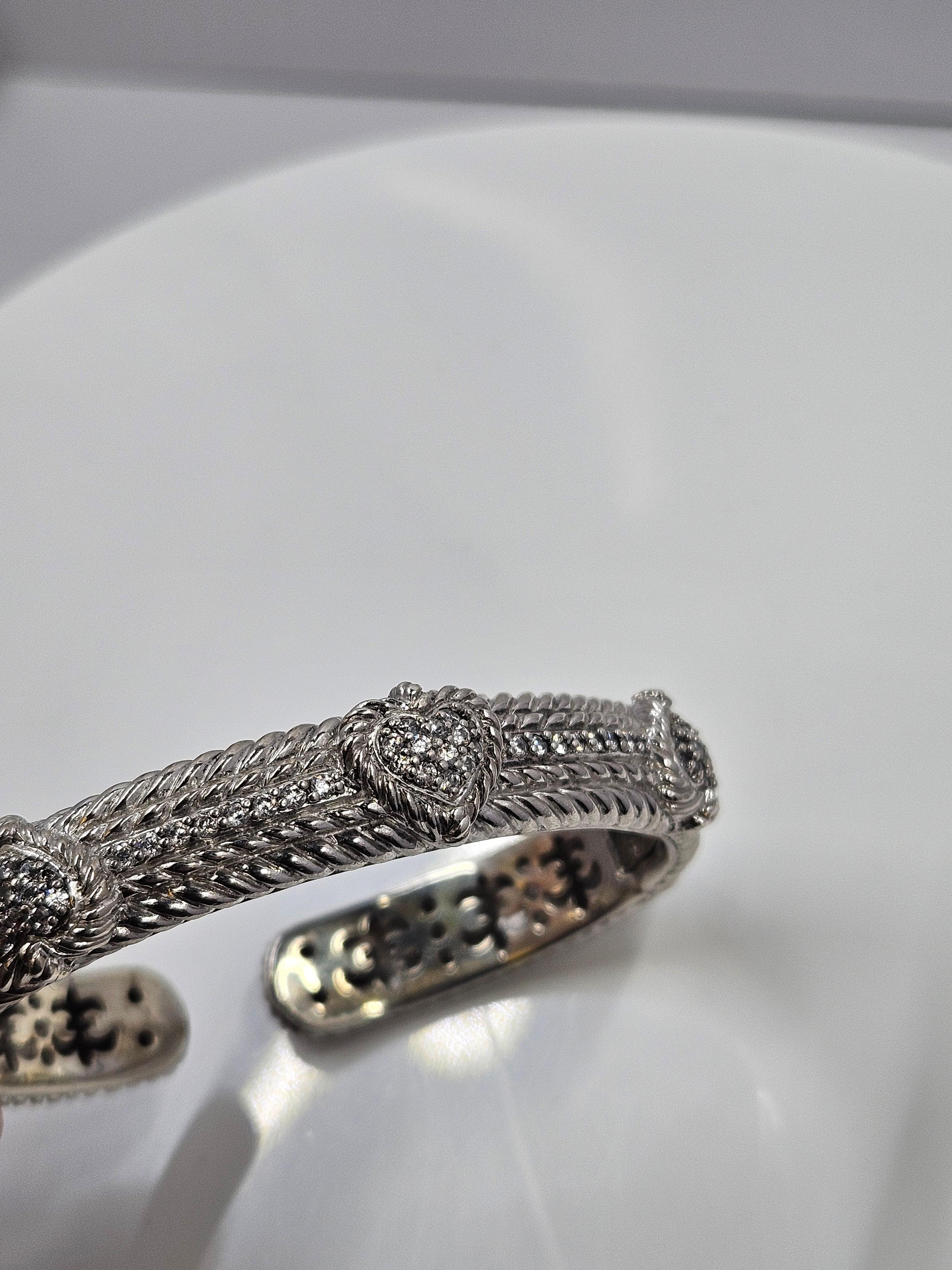 Women's Judith Ripka 925 Sterling Silver & CZ Heart Hinged Cuff Bracelet For Sale