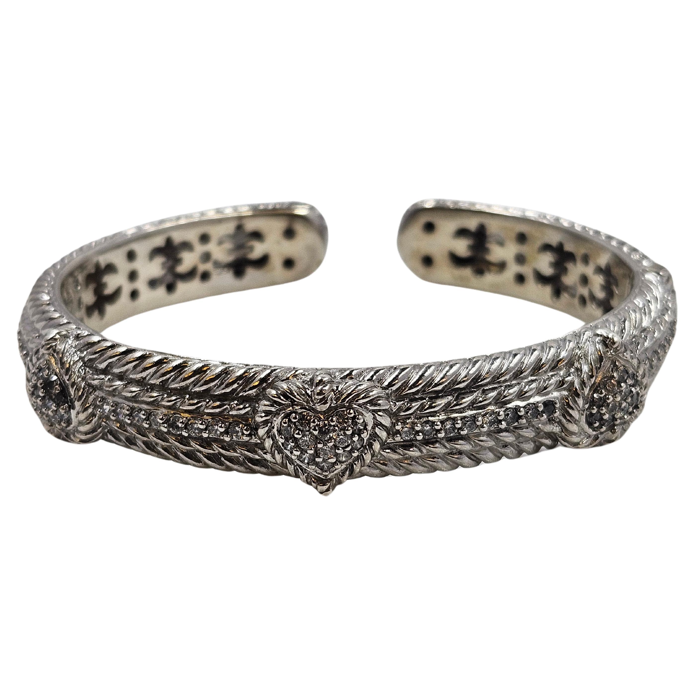 Judith Ripka 925 Sterling Silver & CZ Heart Hinged Cuff Bracelet For Sale