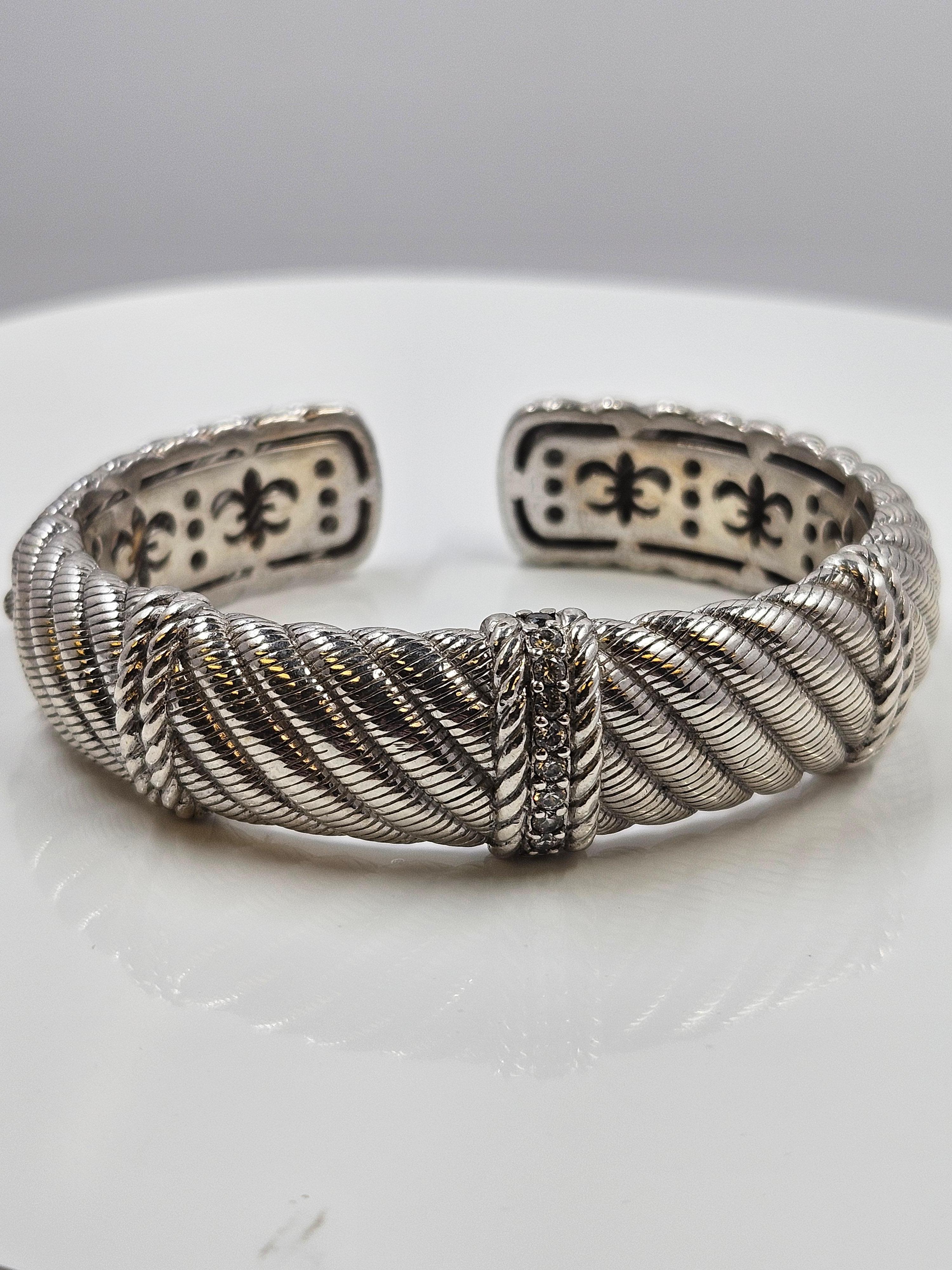 Judith Ripka 925 sterling silver and cz chunky hinged cuff bracelet. 64mm diameter and 17mm wide band.