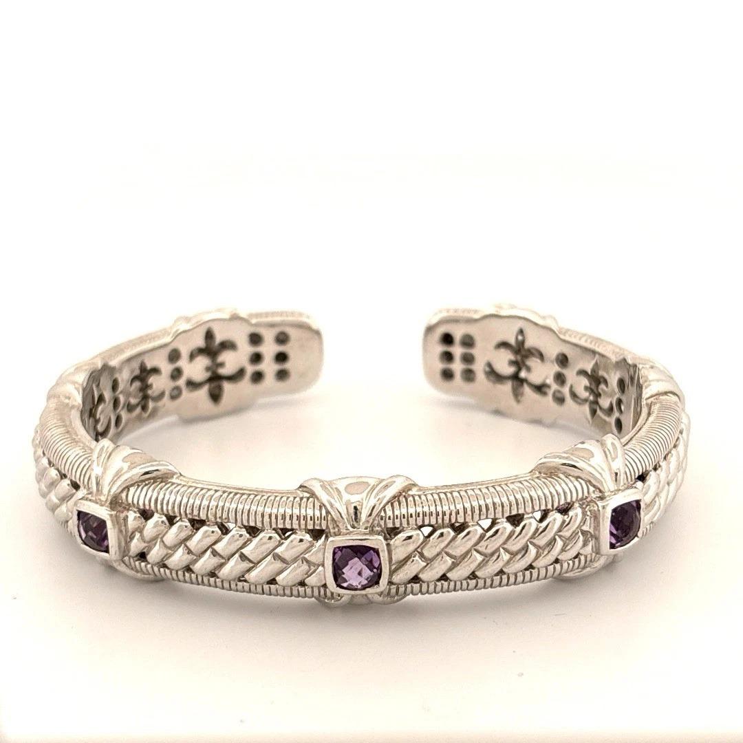 Judith Ripka 925 Sterling Silver Amethyst Cuff Bracelet – 50g – Hinged – Fits up to 9