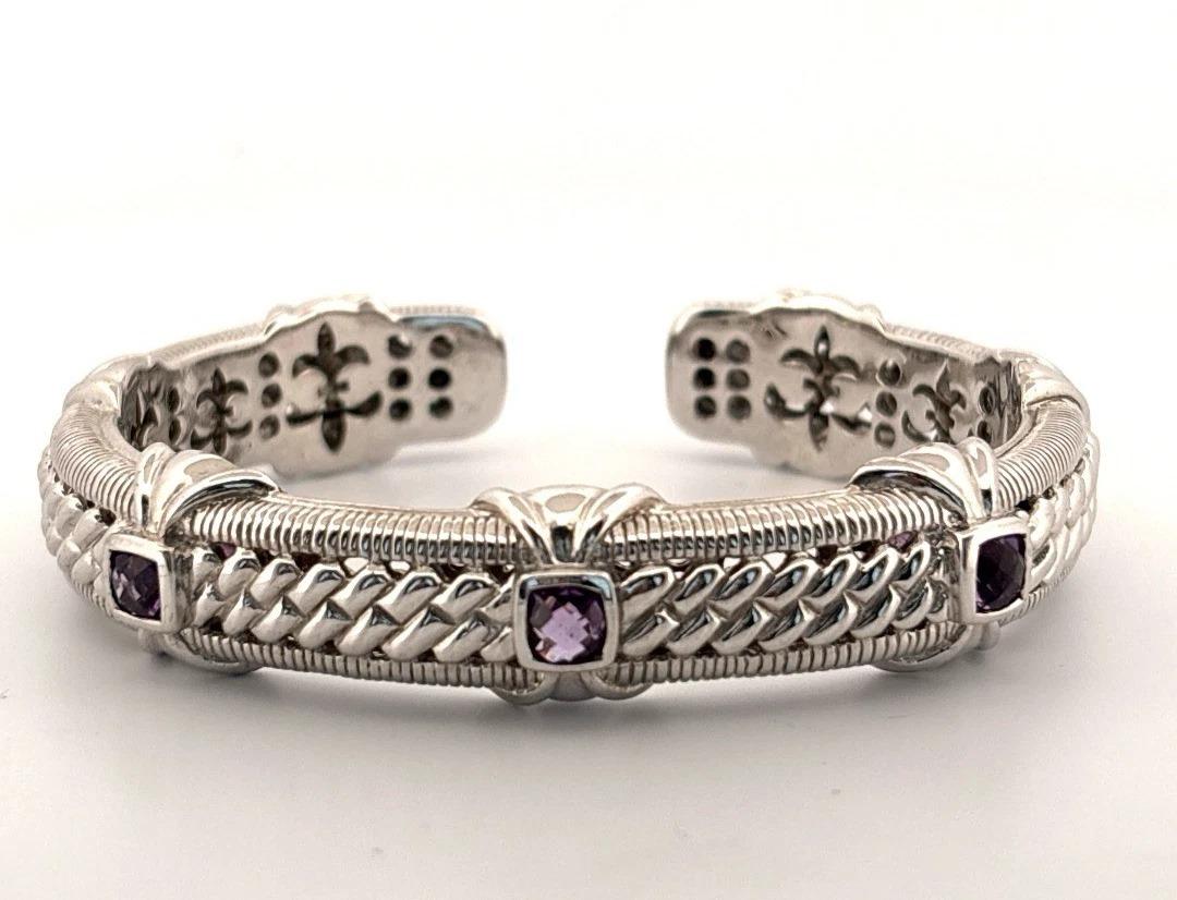 Art Deco Judith Ripka Amethyst 5mm Hinged 50g Fits 9in Sterling Silver Cuff Bracelet For Sale