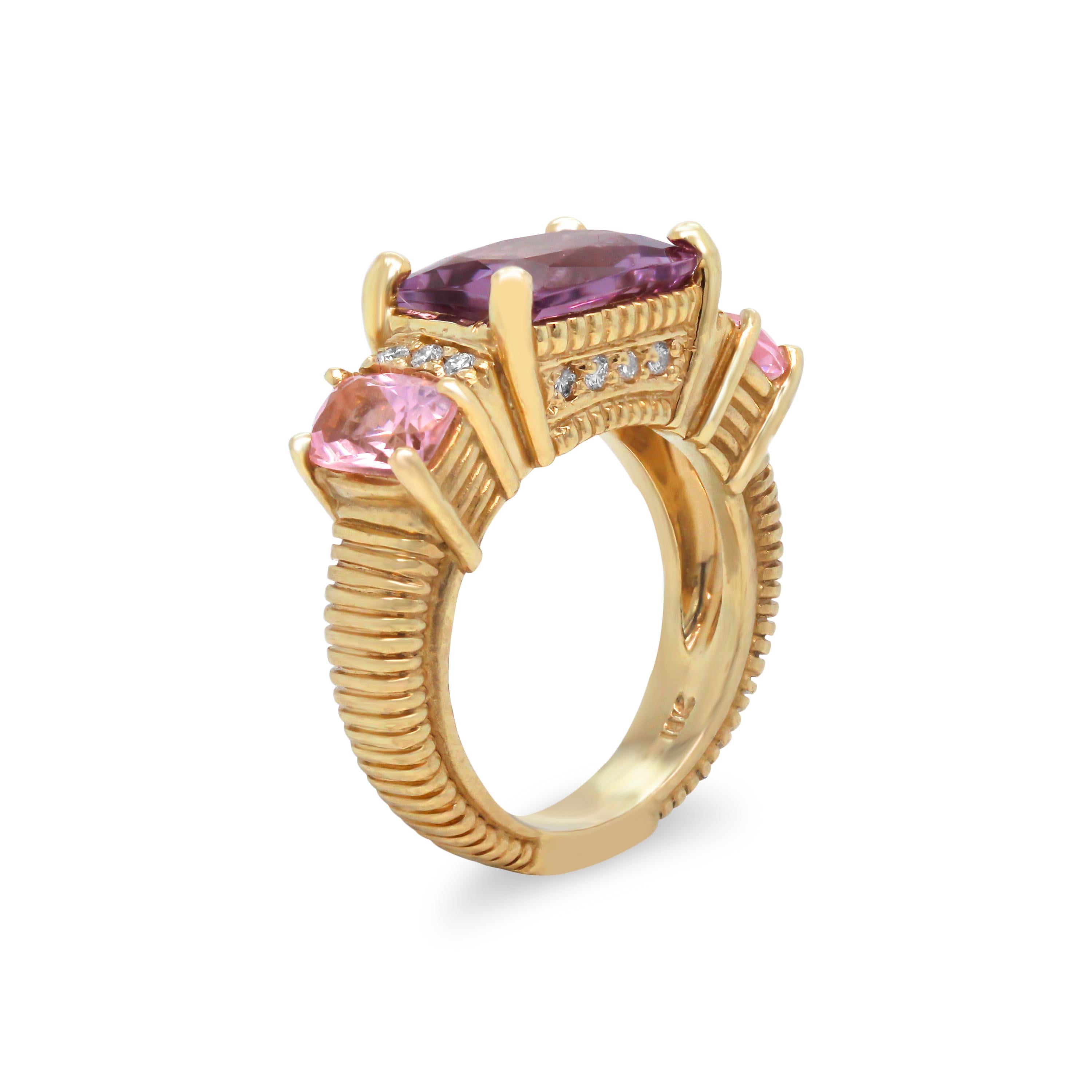 18K Yellow Gold and Diamond Three Stone Ring with Amethyst and Kunzite by Judith Ripka

This fun and everyday ring features a cute and unique color combination with the Amethyst in the center along with two Kunzites on each side.

Diamonds are set