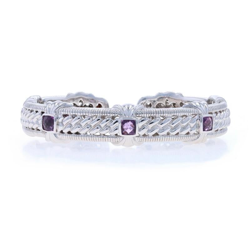 Brand: Judith Ripka

Metal Content: Sterling Silver

Stone Information

Natural Amethysts
Cut: Cushion Checkerboard
Color: Purple

Style: Cuff
Fastening Type: Hinge
Features: Textured Detailing

Measurements

Inner circumference (including the