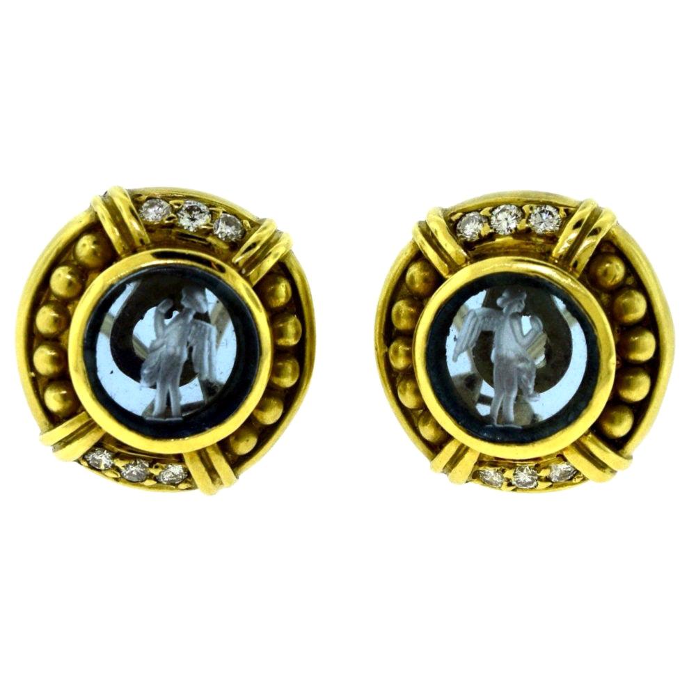 Judith Ripka Boucles d'oreilles vintage en or jaune avec aigues-marines et pierre centrale en forme d'anges en vente