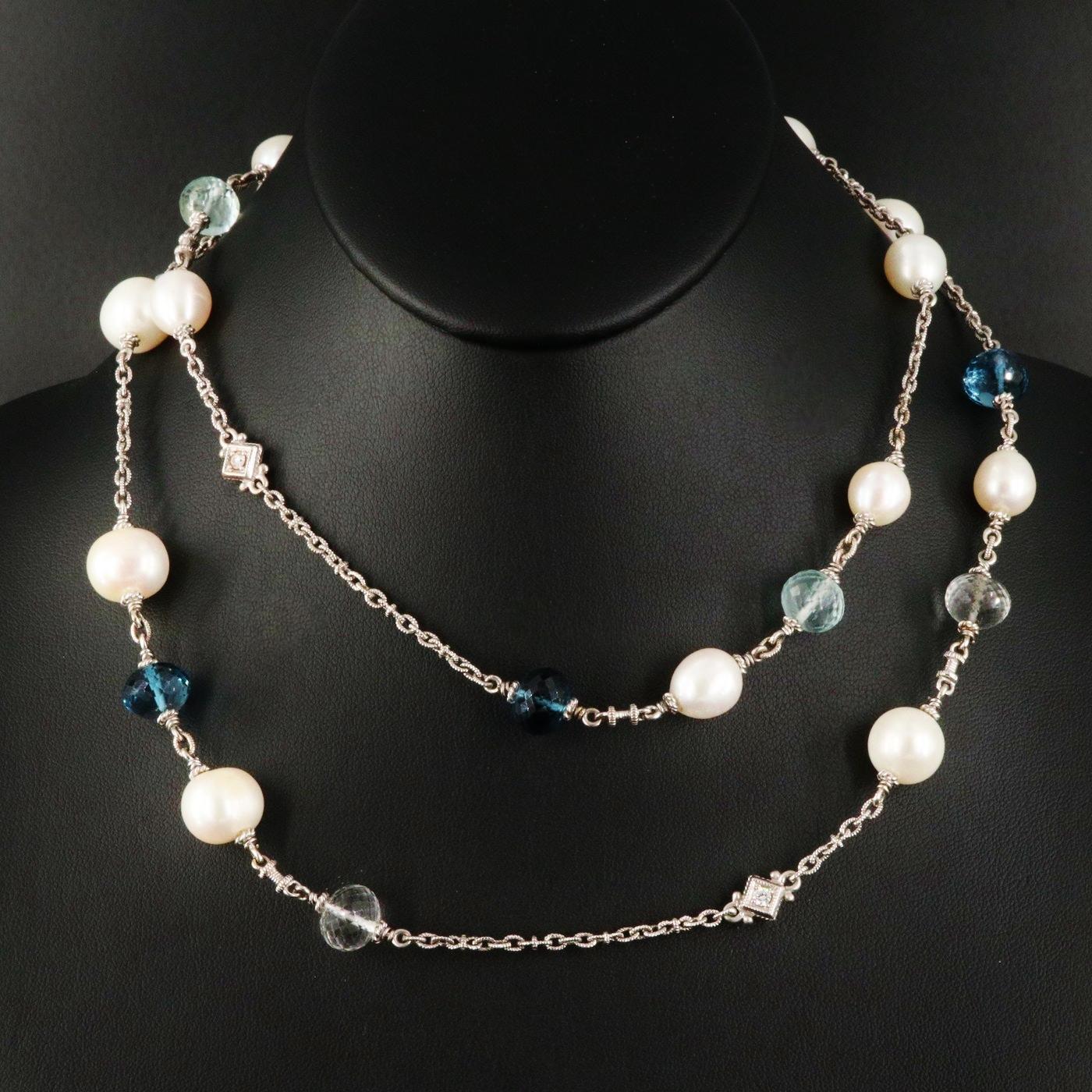 Designer Judith Ripka Necklace (stamped with the designer hallmarks)

Bahama Mama collection

NEW with tags, Tag Price $24000

18K solid white gold

Very heavy and well made, 63 grams in weight 

Top Quality Diamond, Gemstone and Pearls, top